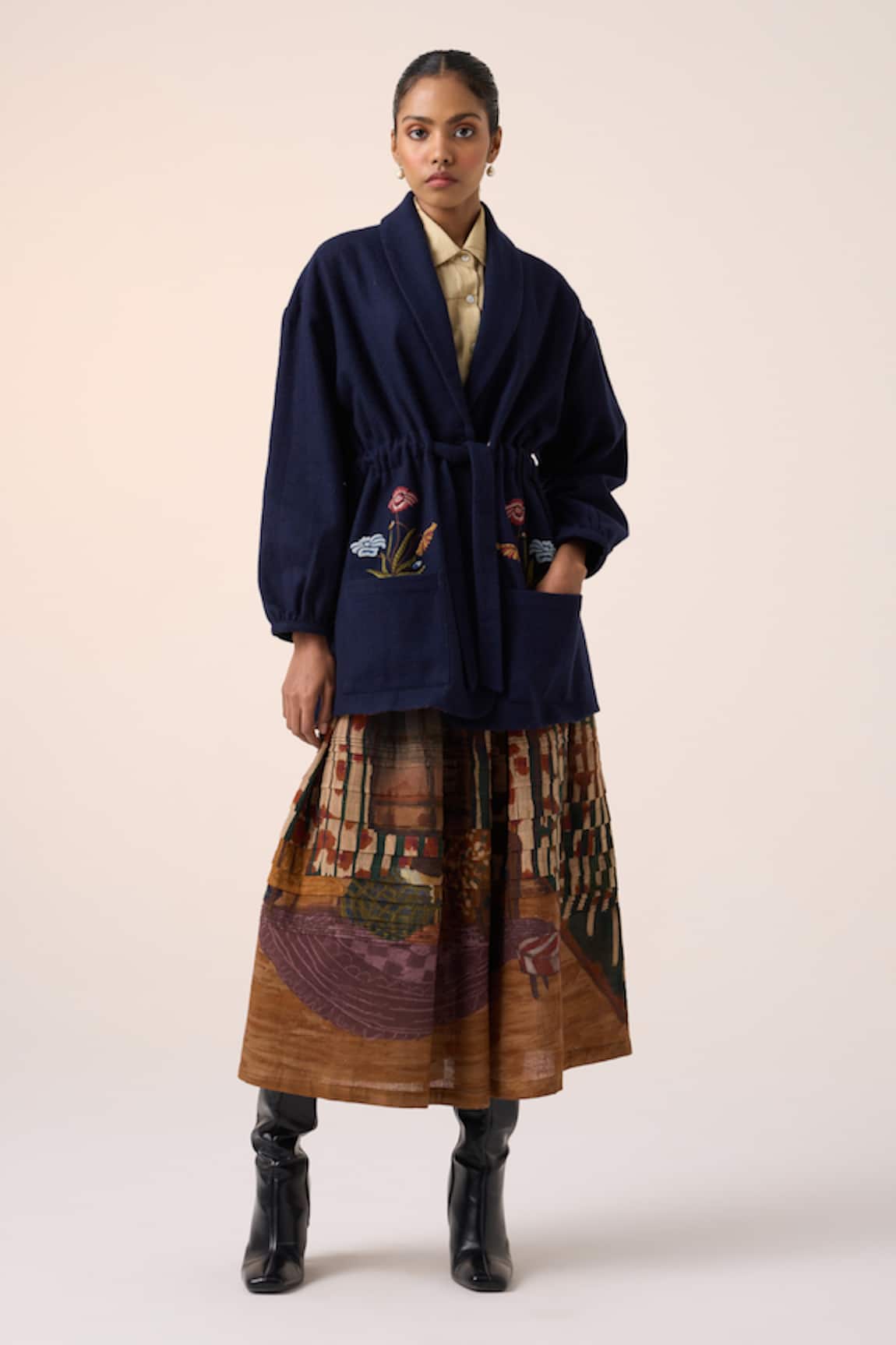 Cord Floral Embroidered Ink Blue Blazer