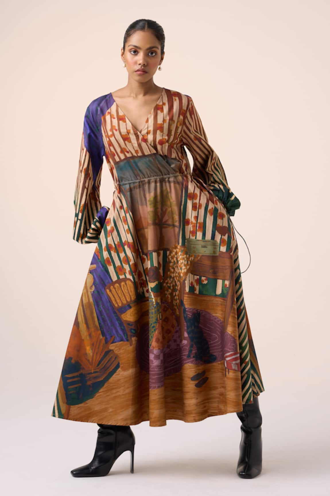 Cord Multicolor Cotton Home Alone Print Midi Dress