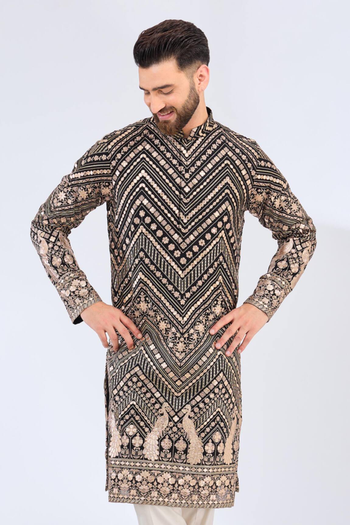 Kasbah Peacock Motif Black Georgette Kurta 