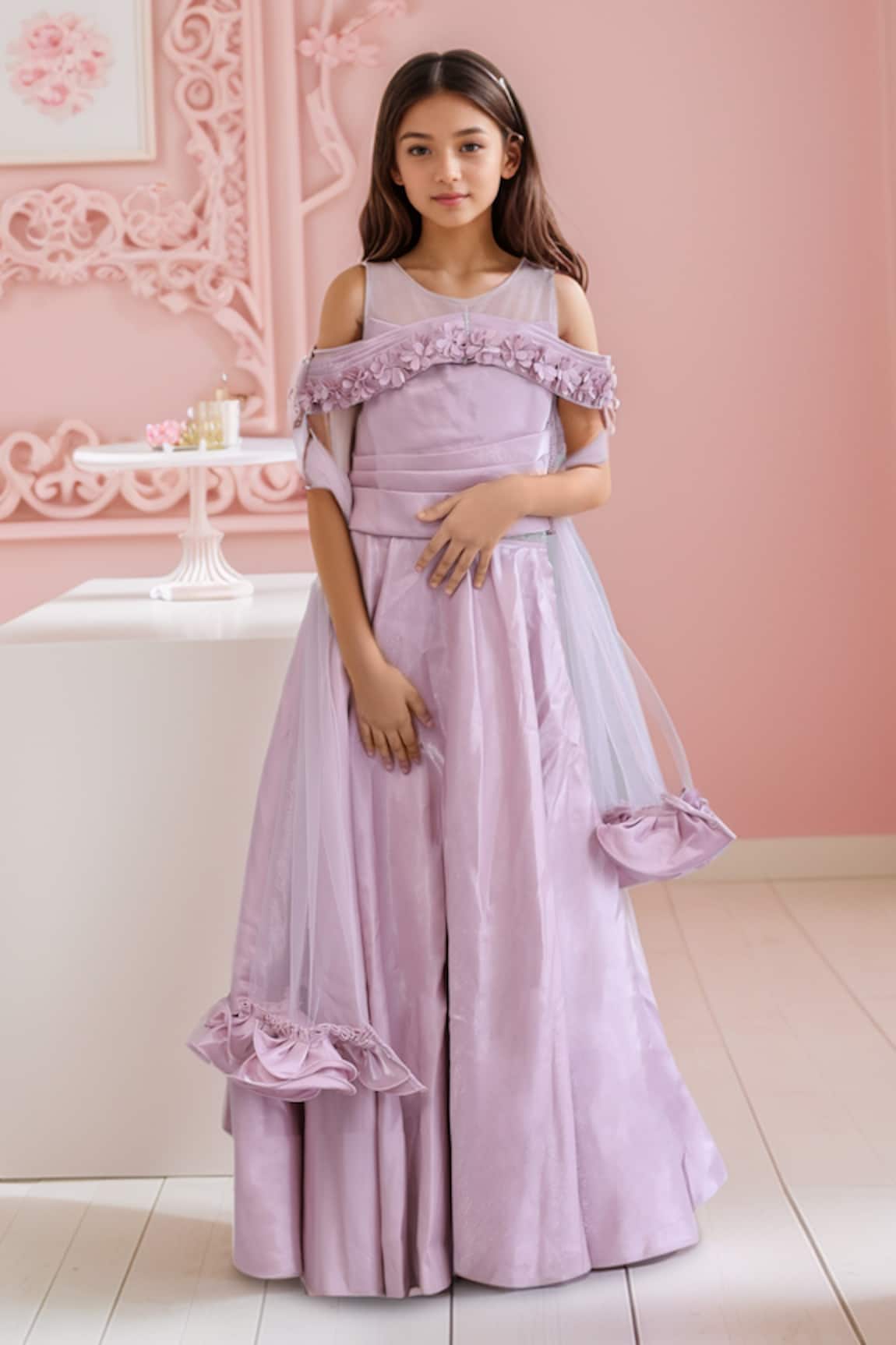 Petite Pomme Floral Applique Crop Top & Lehenga Set