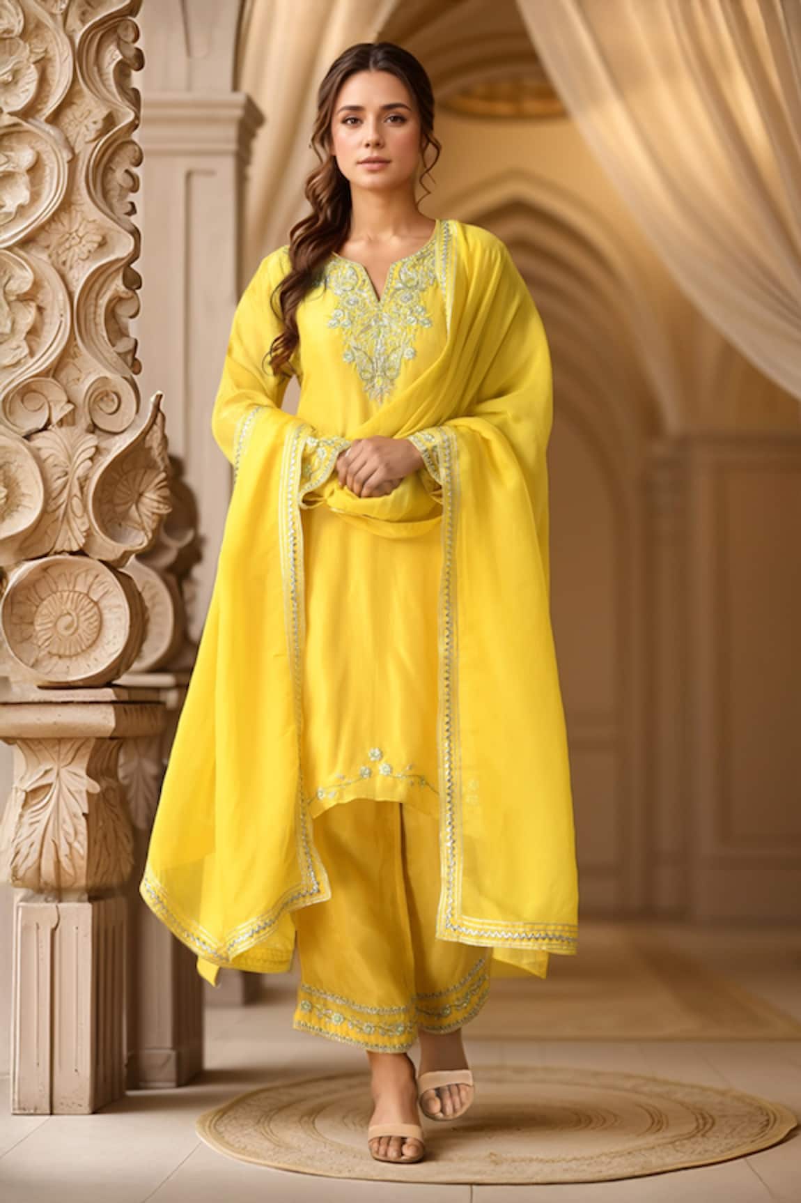 Samyukta Singhania Flower Embroidered Yoke Straight Kurta Pant Set