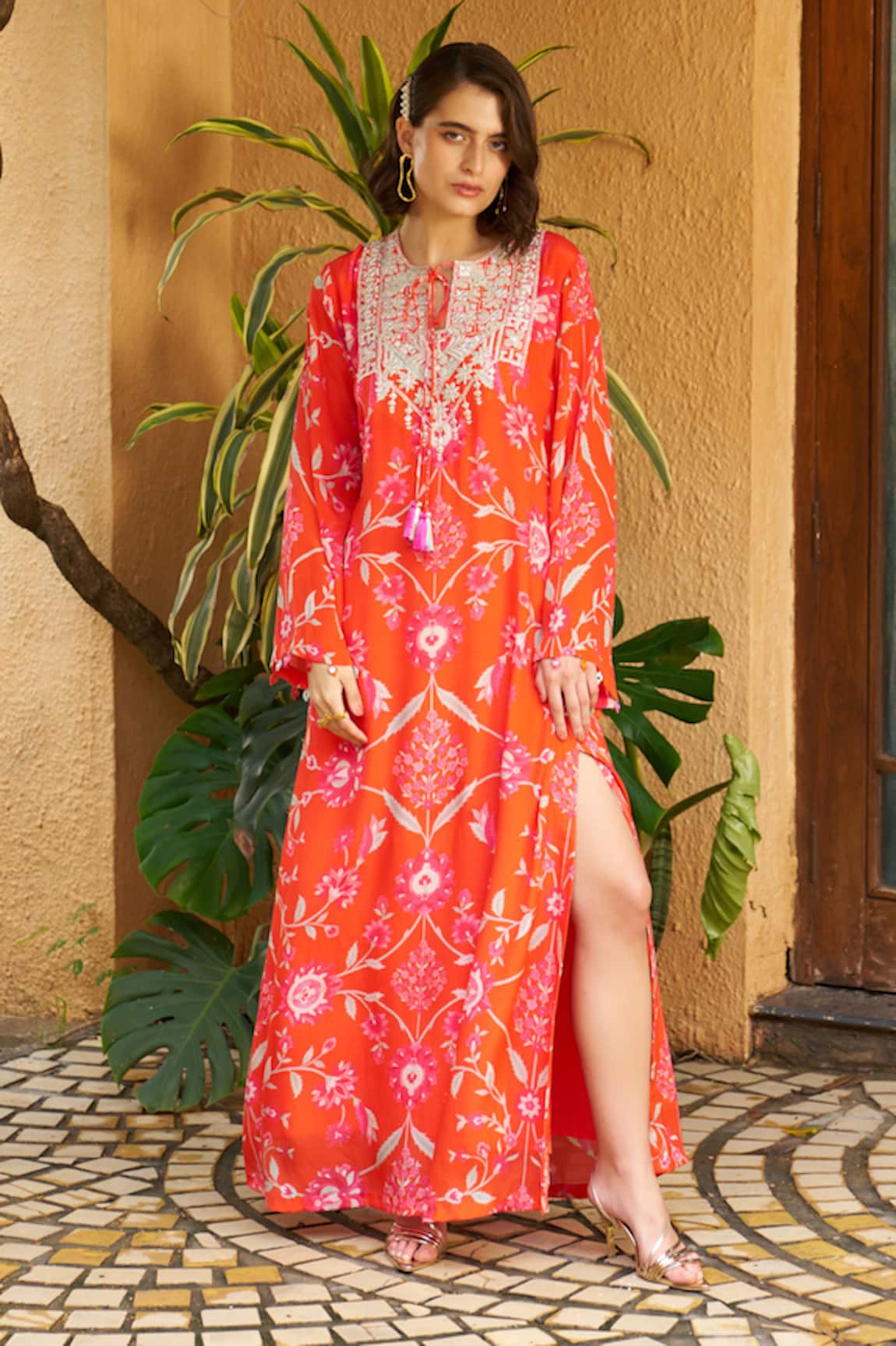 Archana Shah Floral Embroidered Orange Maxi Dress 