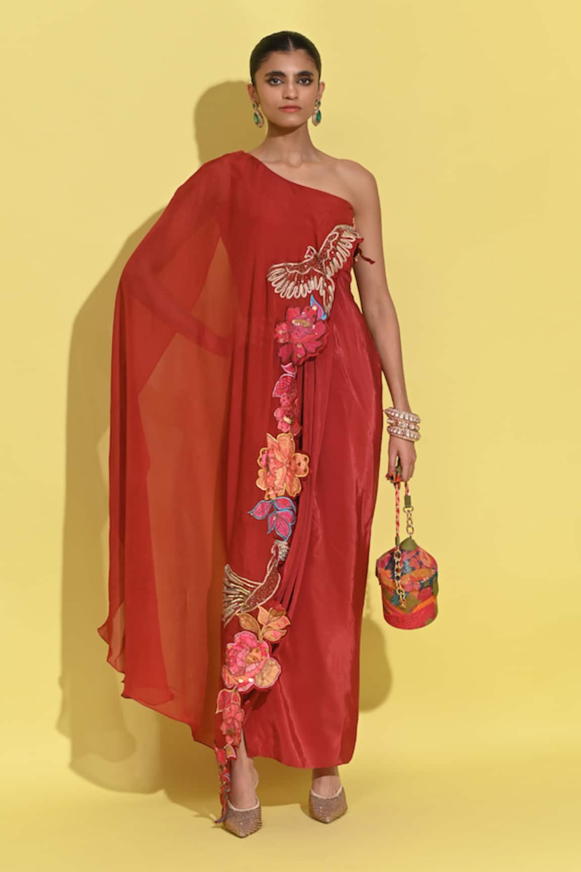 Rishi and Vibhuti Gardenia Applique One Shoulder Cape & Draped Dress 