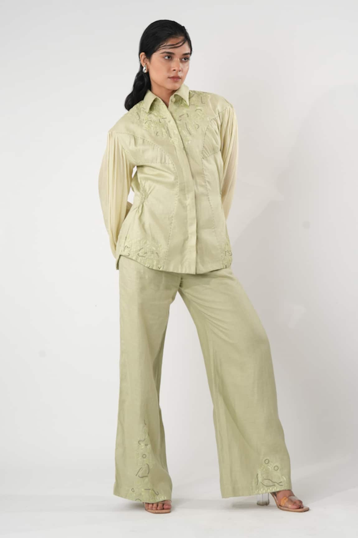 Orthodox Aari Embroidered Green Flared Trouser