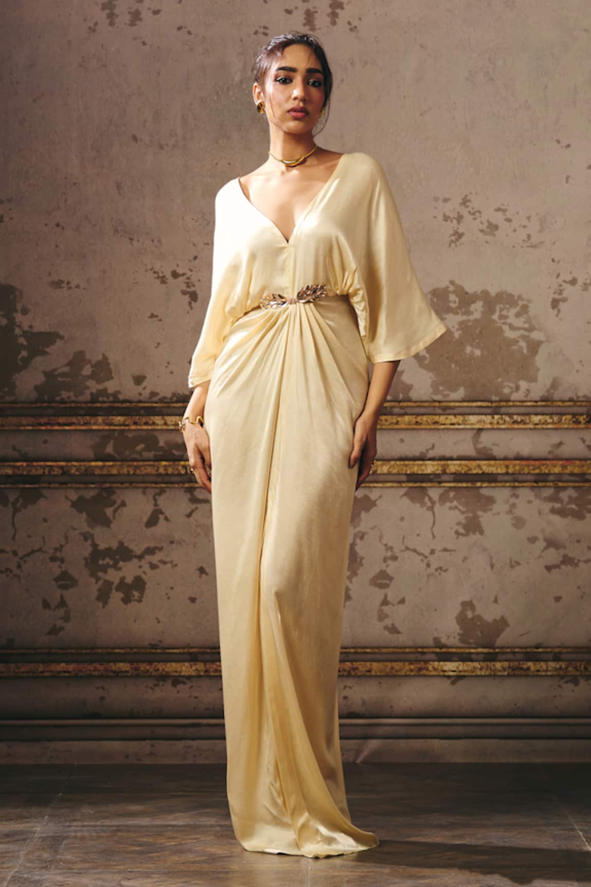 Masumi Mewawalla Beige Sequin Applique Waistband Kaftan 