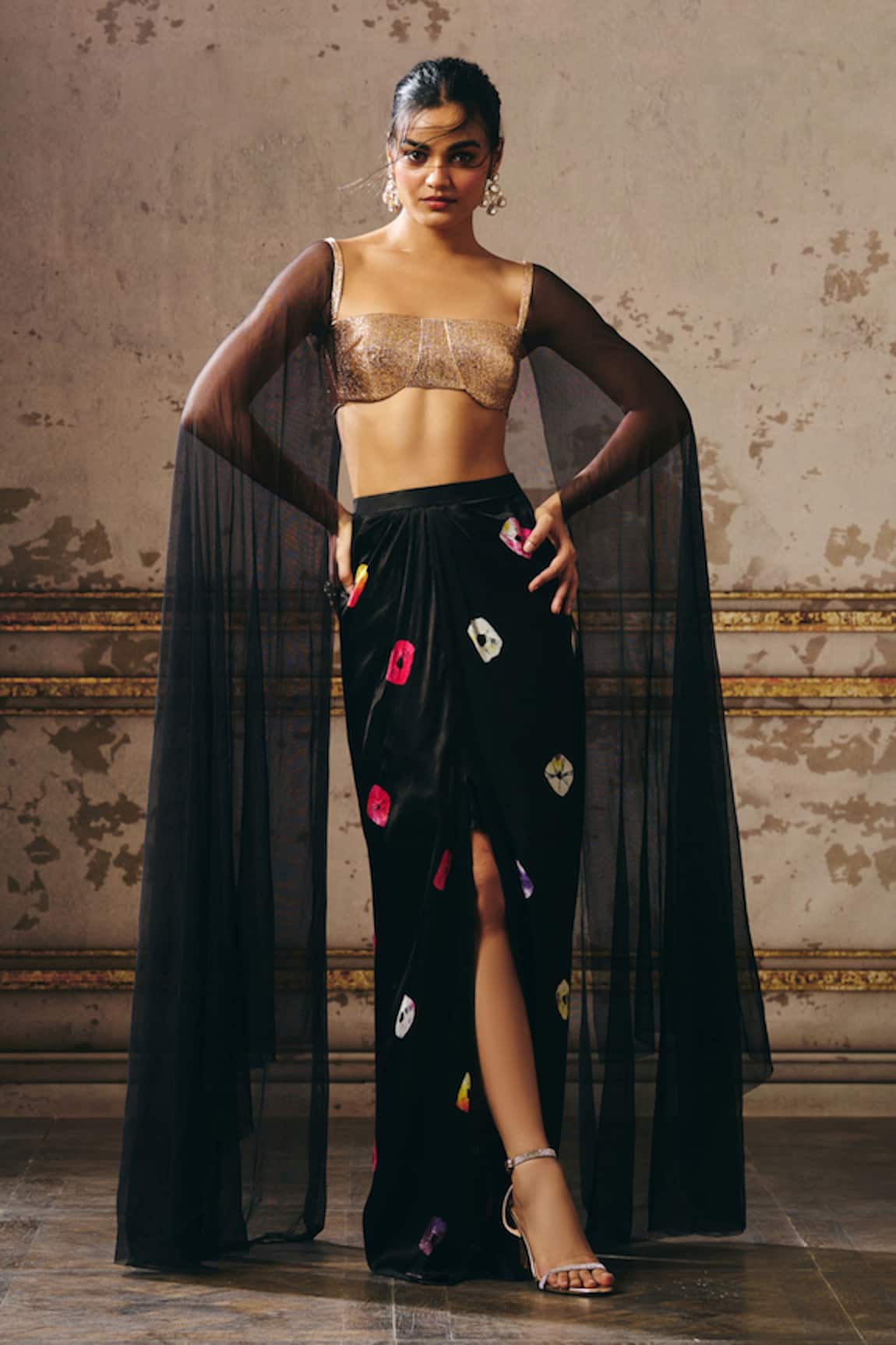 Masumi Mewawalla Embellished Black Cape Blouse & Skirt Set 