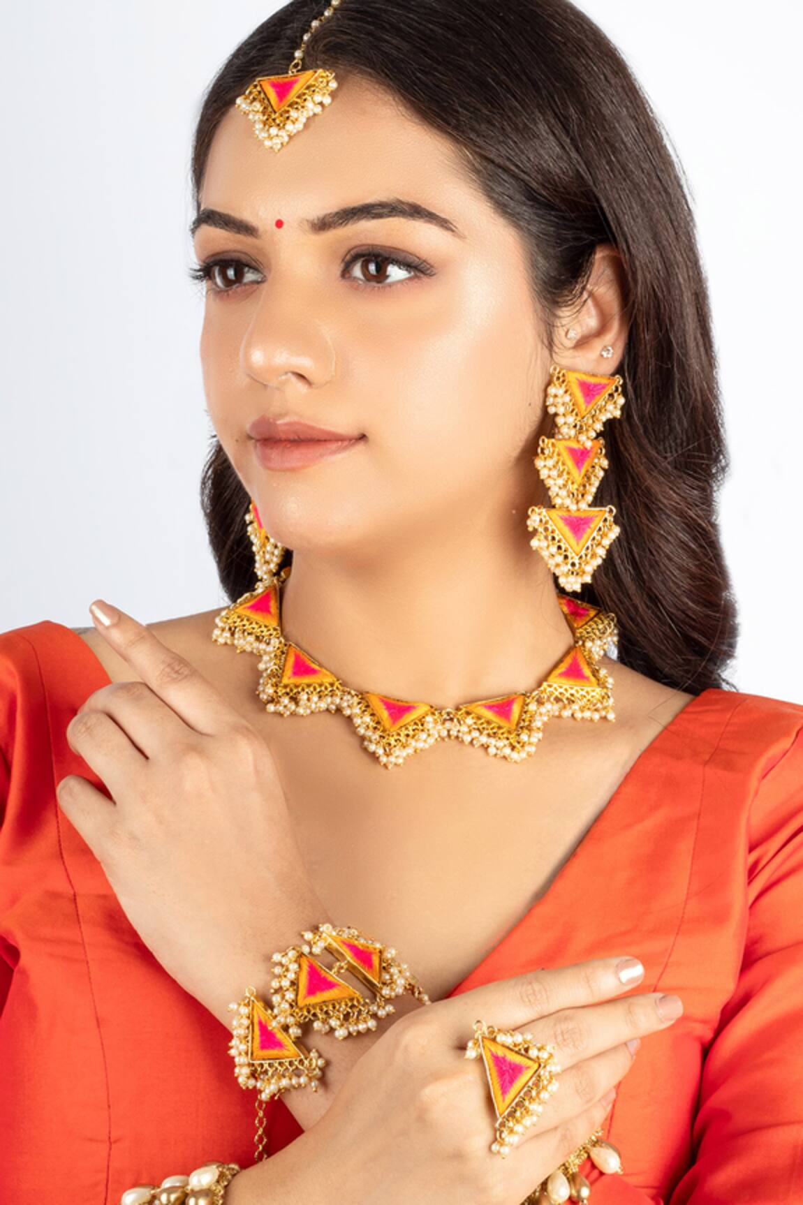 Bauble Bazaar Yellow Pink Thread Embroidered Choker Set