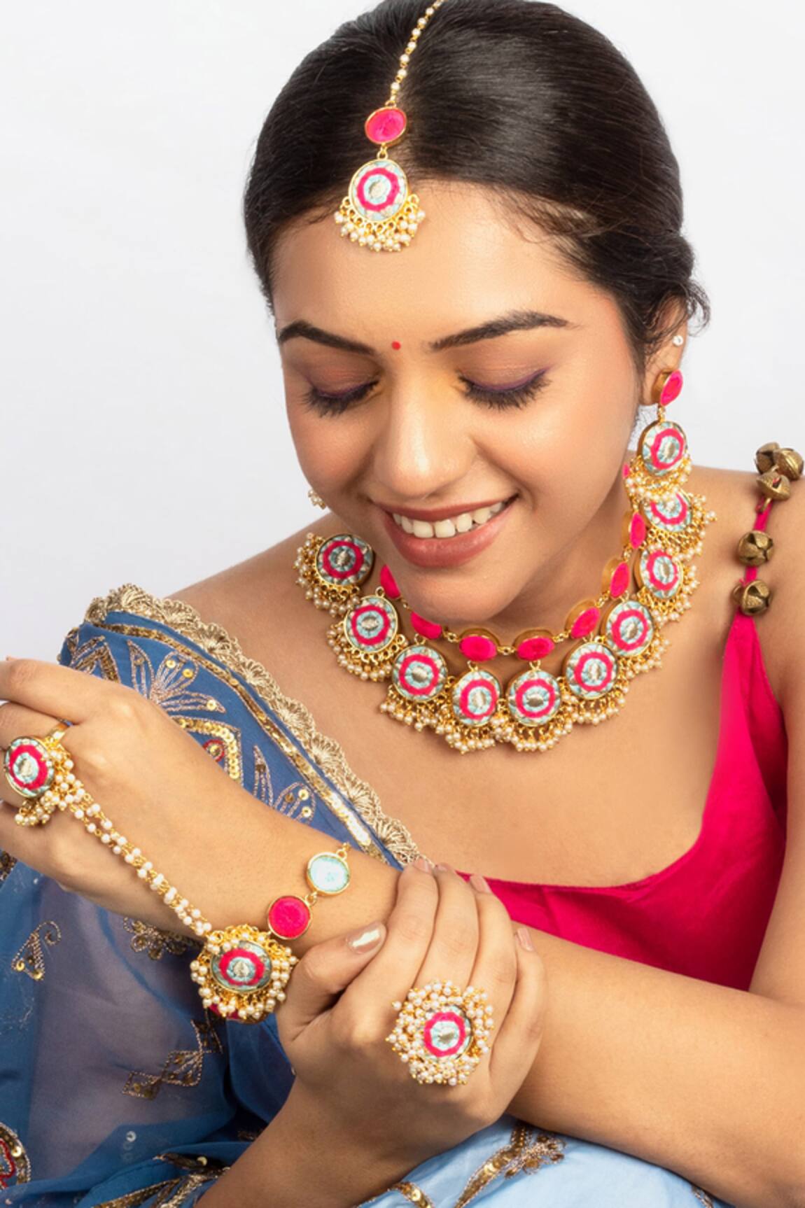 Bauble Bazaar Sky Blue & Pink Embroidered Choker Set