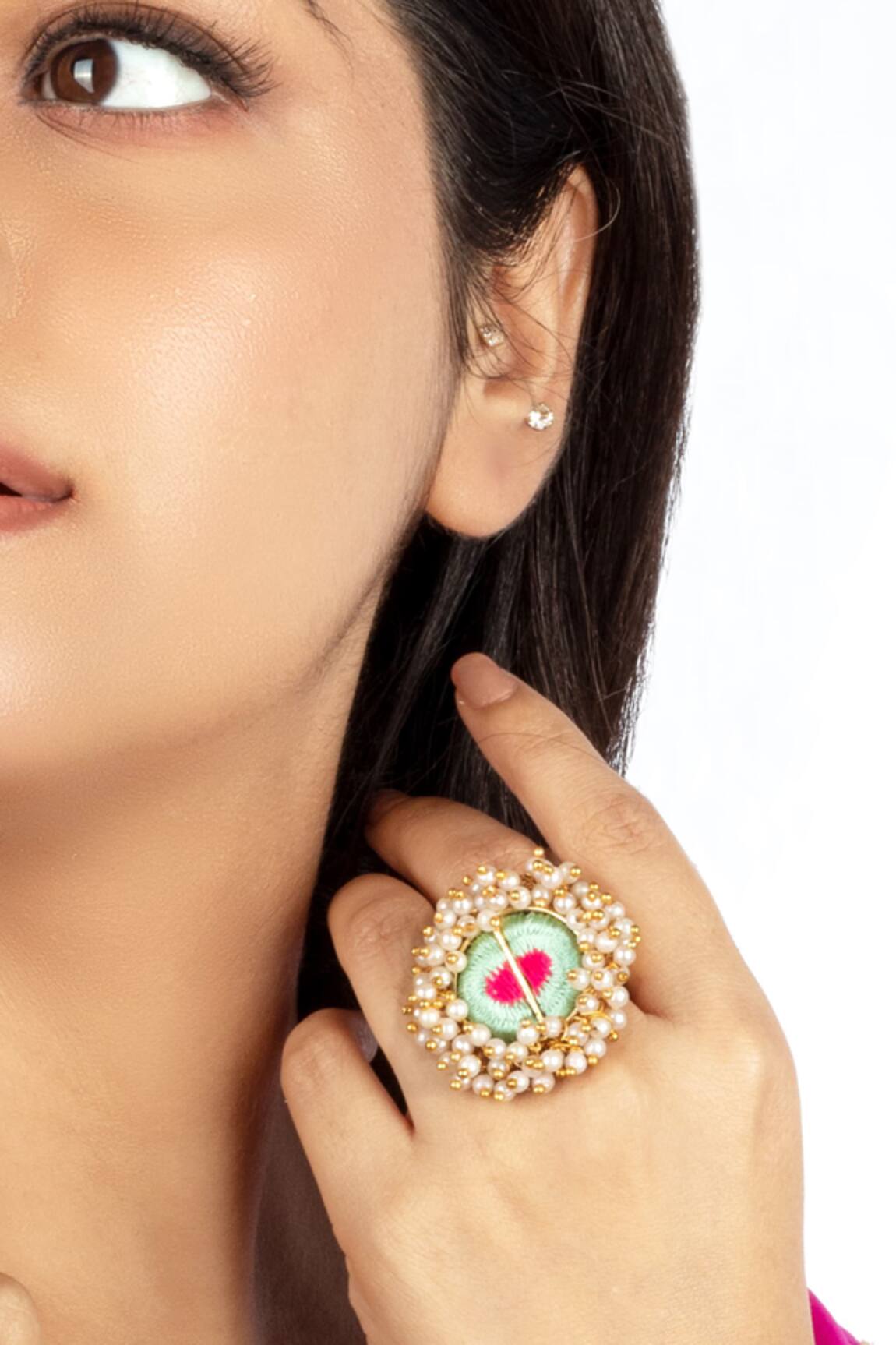 Bauble Bazaar Thread Embroidered Pearl Tasselled Ring