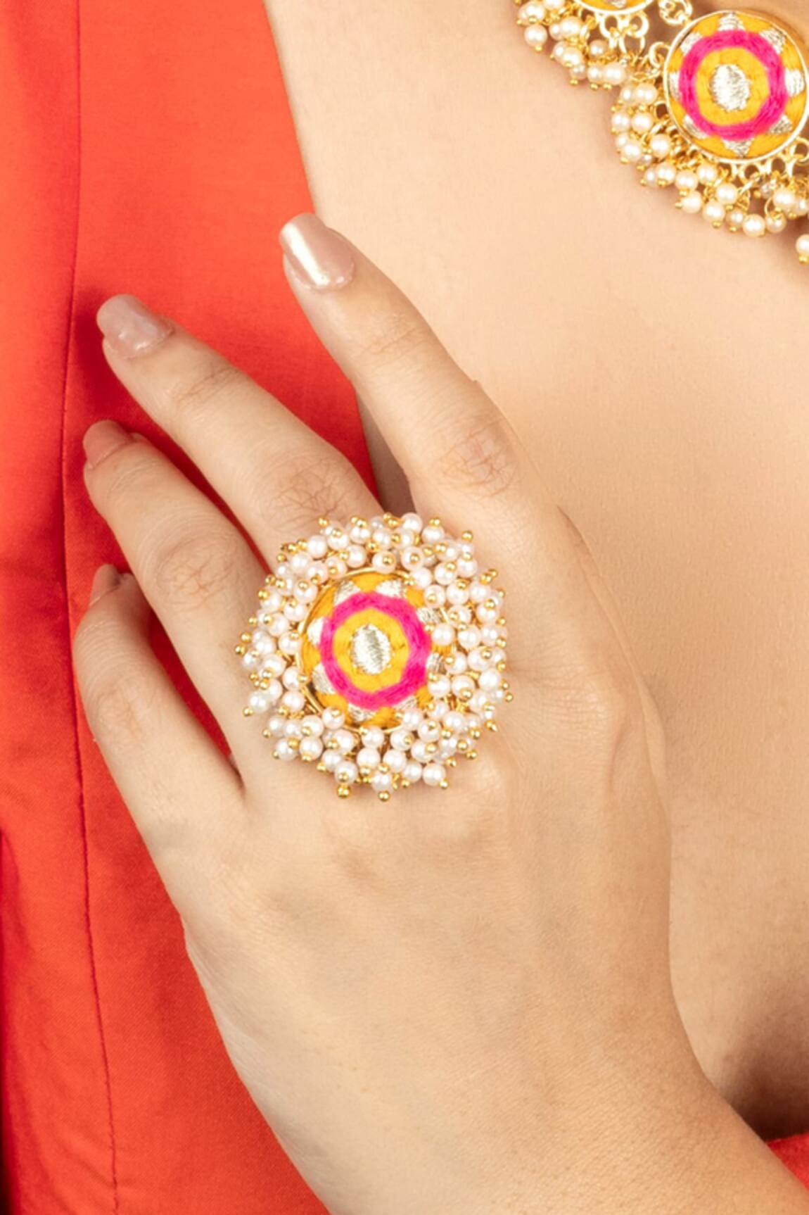 Bauble Bazaar Floral Embroidered Ring with Pearl Tassels