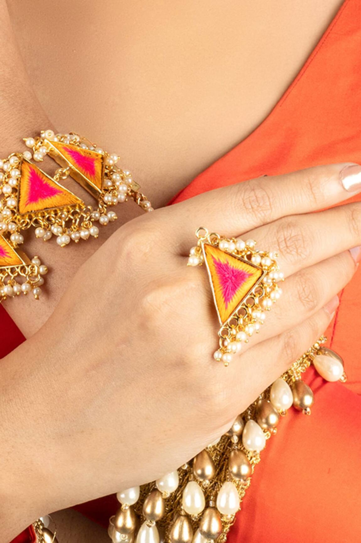 Bauble Bazaar Mustard Pink Thread Embroidered Ring