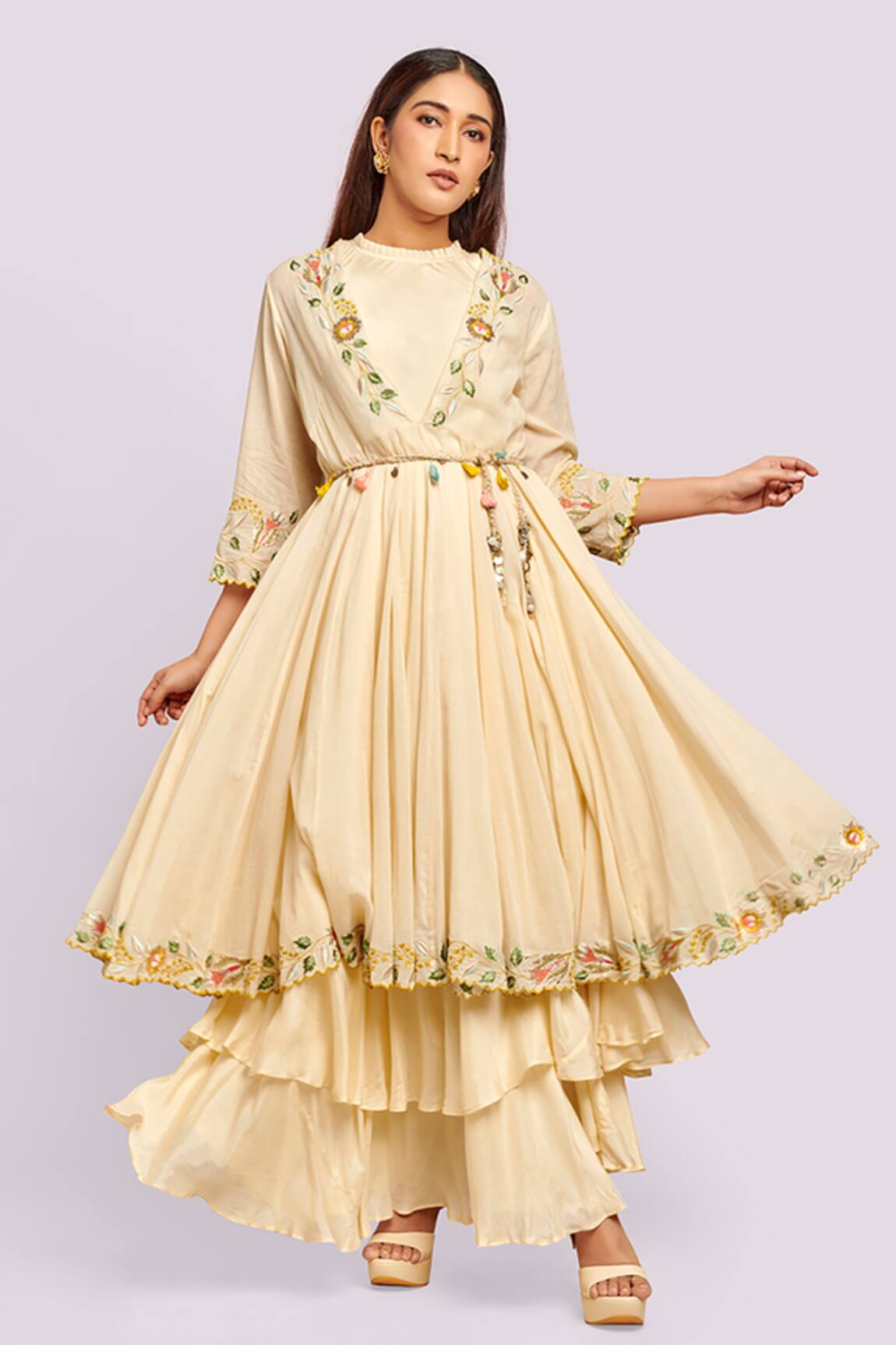 Blue Lotus Design Floral Embroidered Border Anarkali