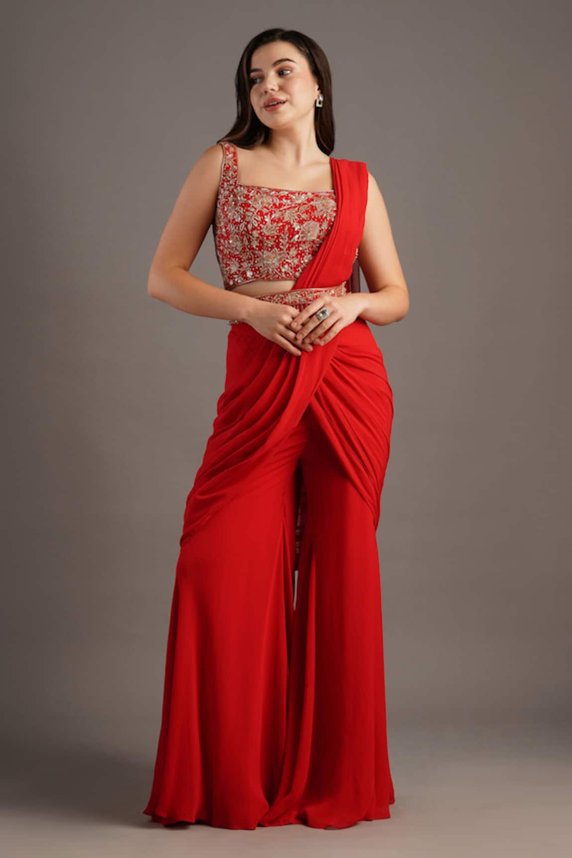 Maisolos Red Embroidered Pre-Draped Sharara Saree Set 