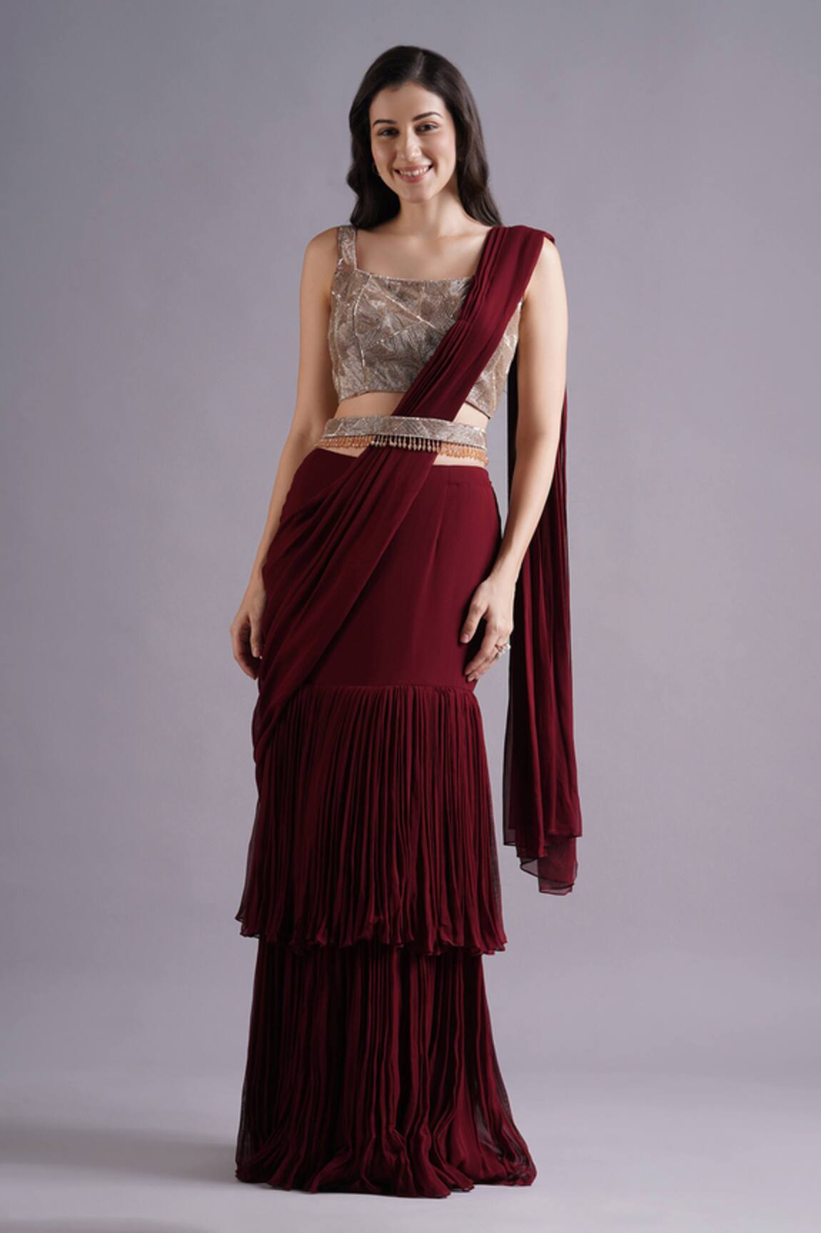 Maisolos Maroon Gathered Frilly Pre-Draped Saree Set 