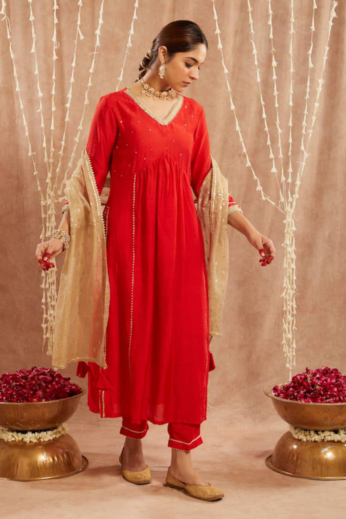 Nero India Red Sequin Lace Embroidered Kurta Set 