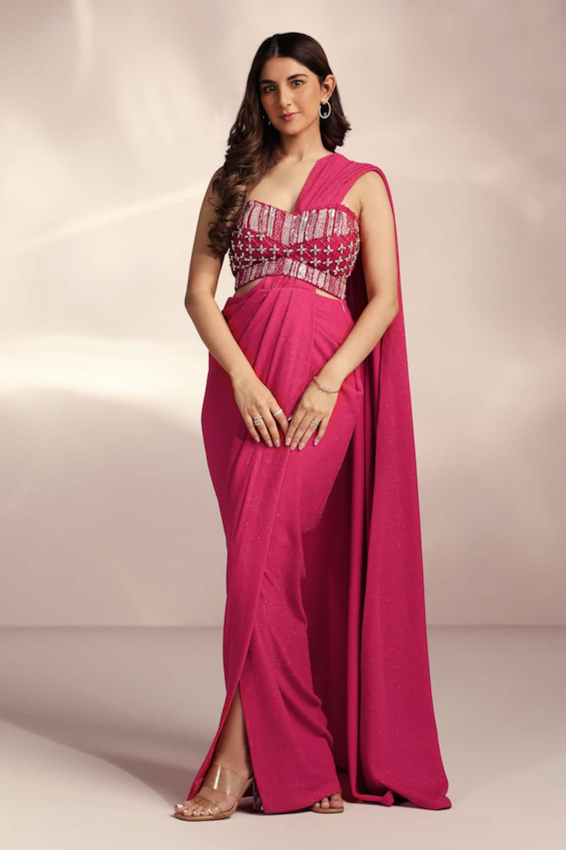Label Moni K Hot Pink Pre-Draped Slit Saree Set 