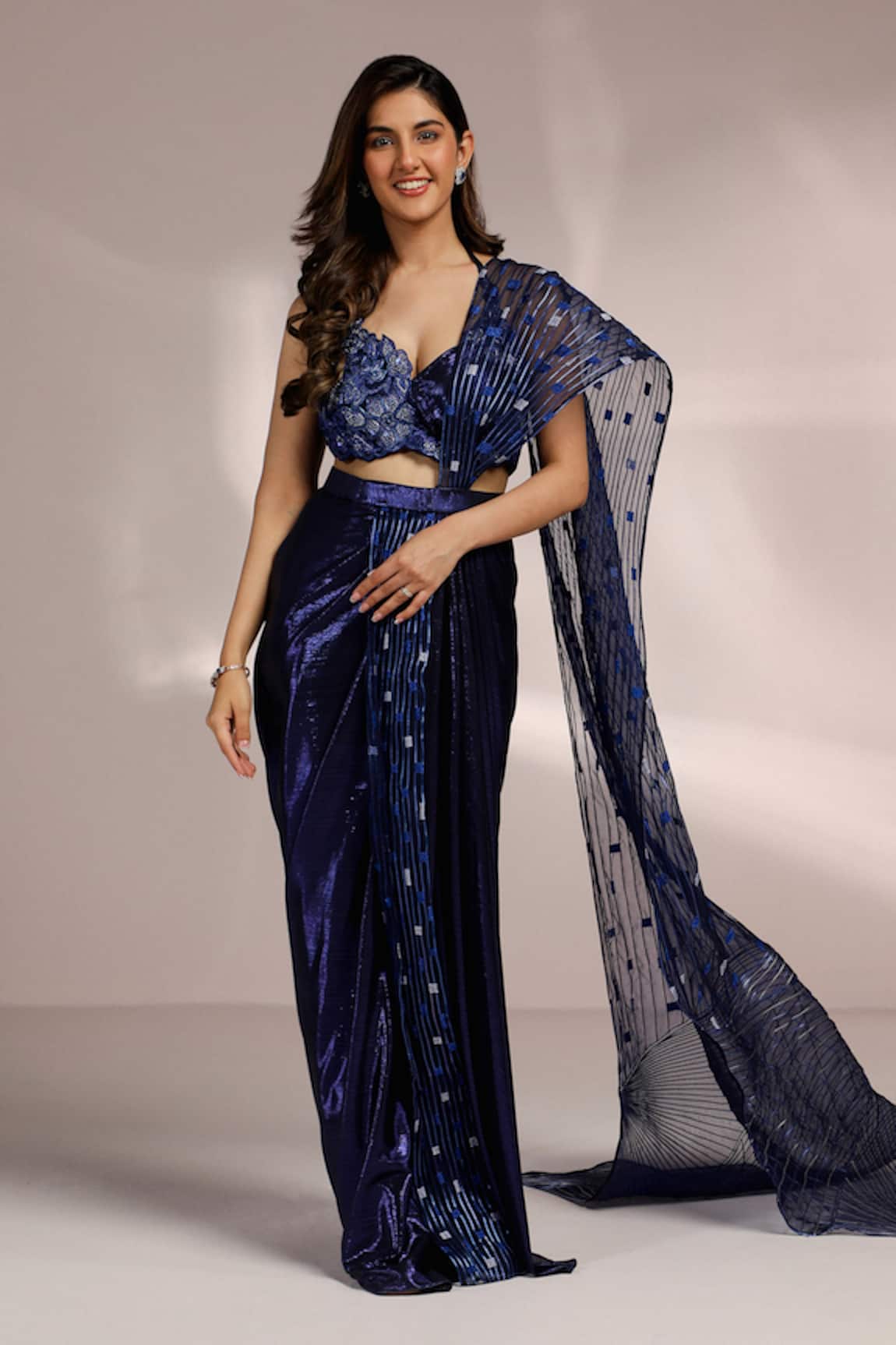 Label Moni K Metallic Blue Pre-Draped Saree Set 