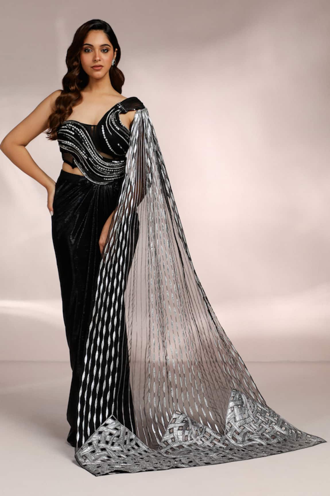 Label Moni K Metallic Sequin Embellished Pre-Draped Saree 