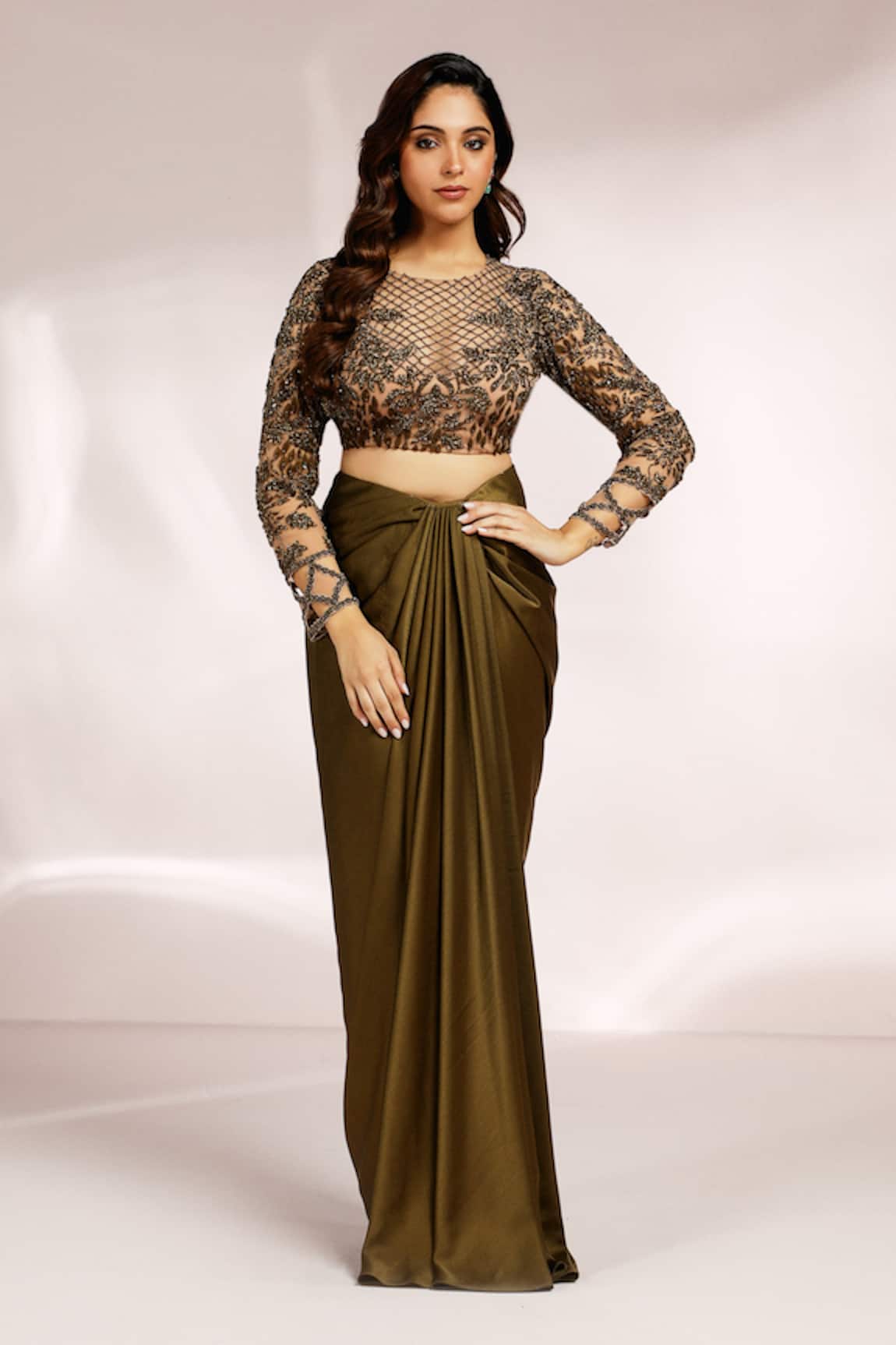 Label Moni K Phool Jaal Embroidered Blouse & Draped Skirt 