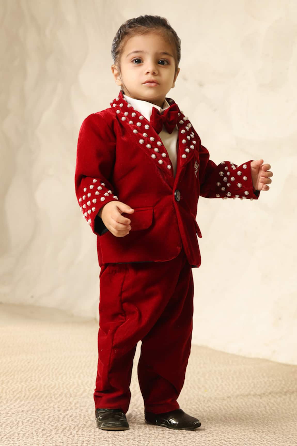 Fayon Kids Maroon Velvet Pearl Embroidered Blazer Set