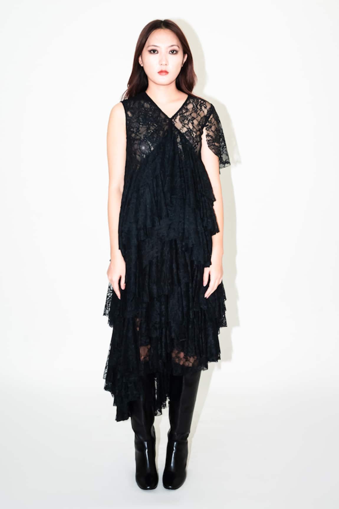Leh Studios Black Layered Lace Asymmetric Skirt 