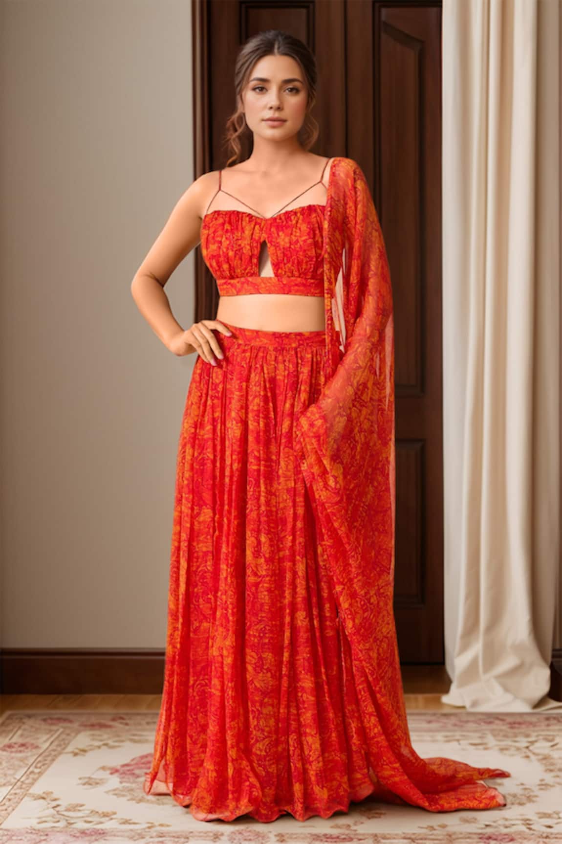 Samyukta Singhania Orange Floral Printed Lehenga Set 