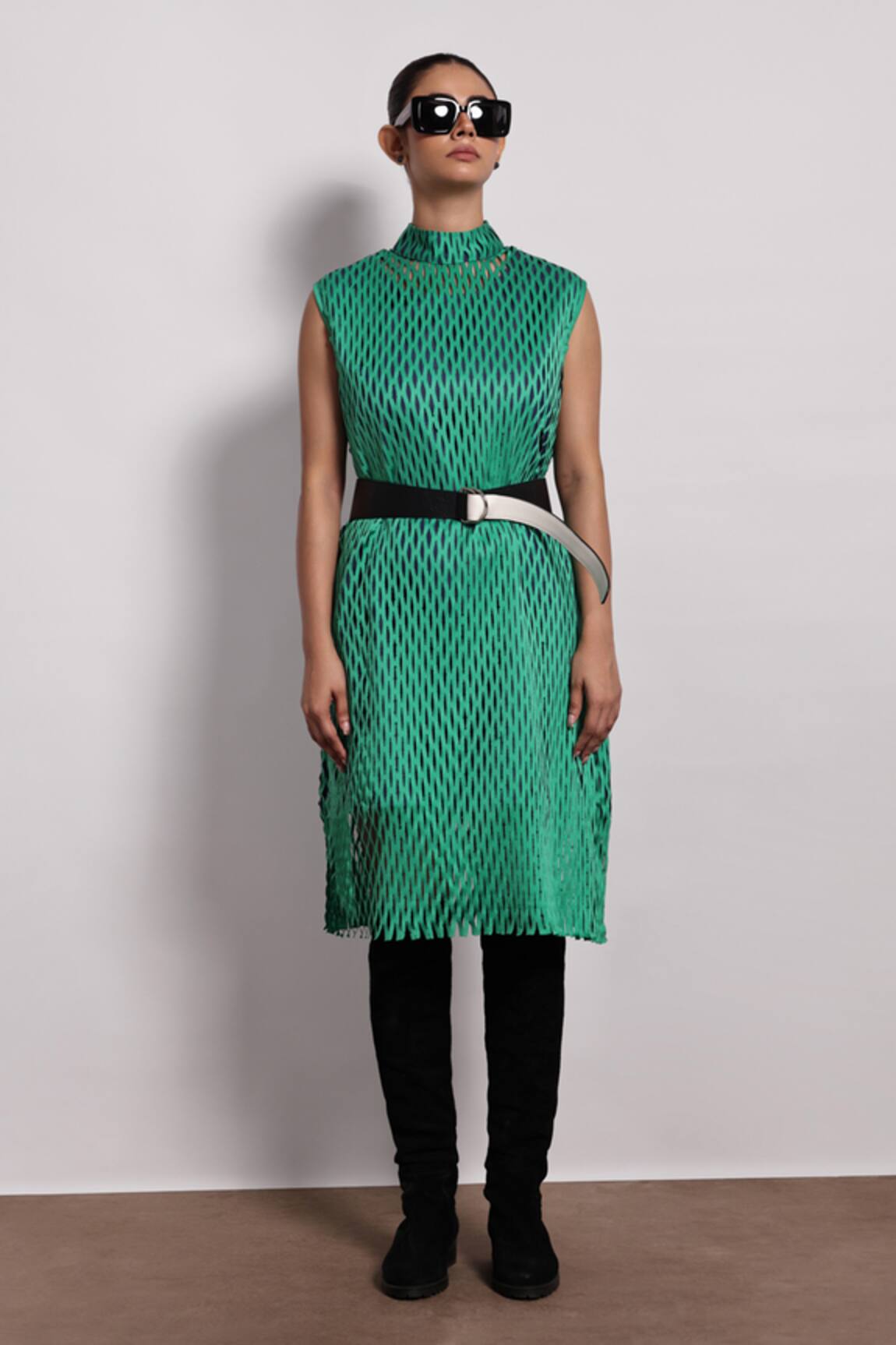 Devina Juneja Lasercut Green Midi Dress With Belt