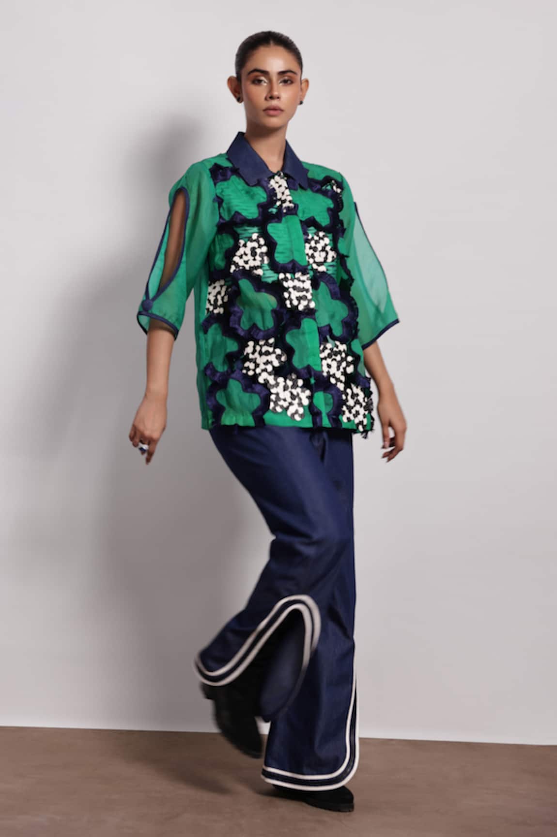 Devina Juneja Denim Flared Pant with Contrast Border