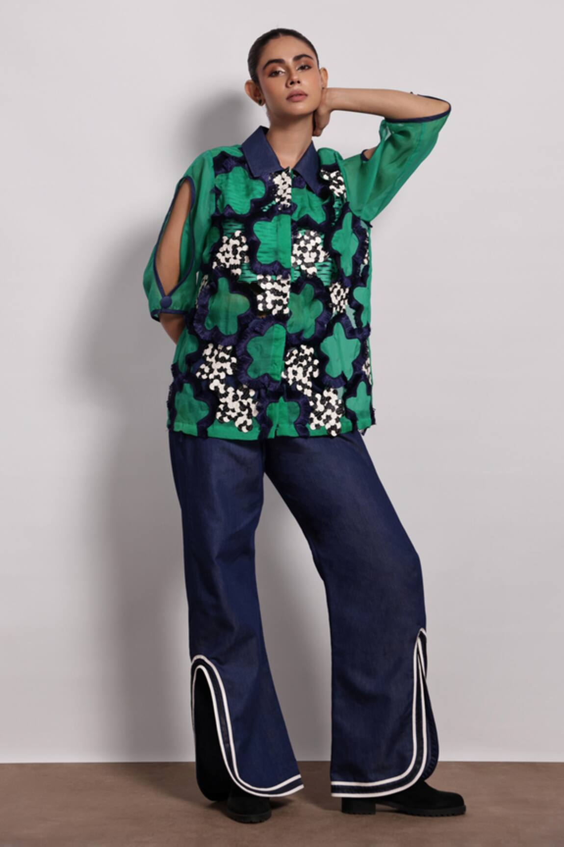 Devina Juneja Floral Applique Green Shirt