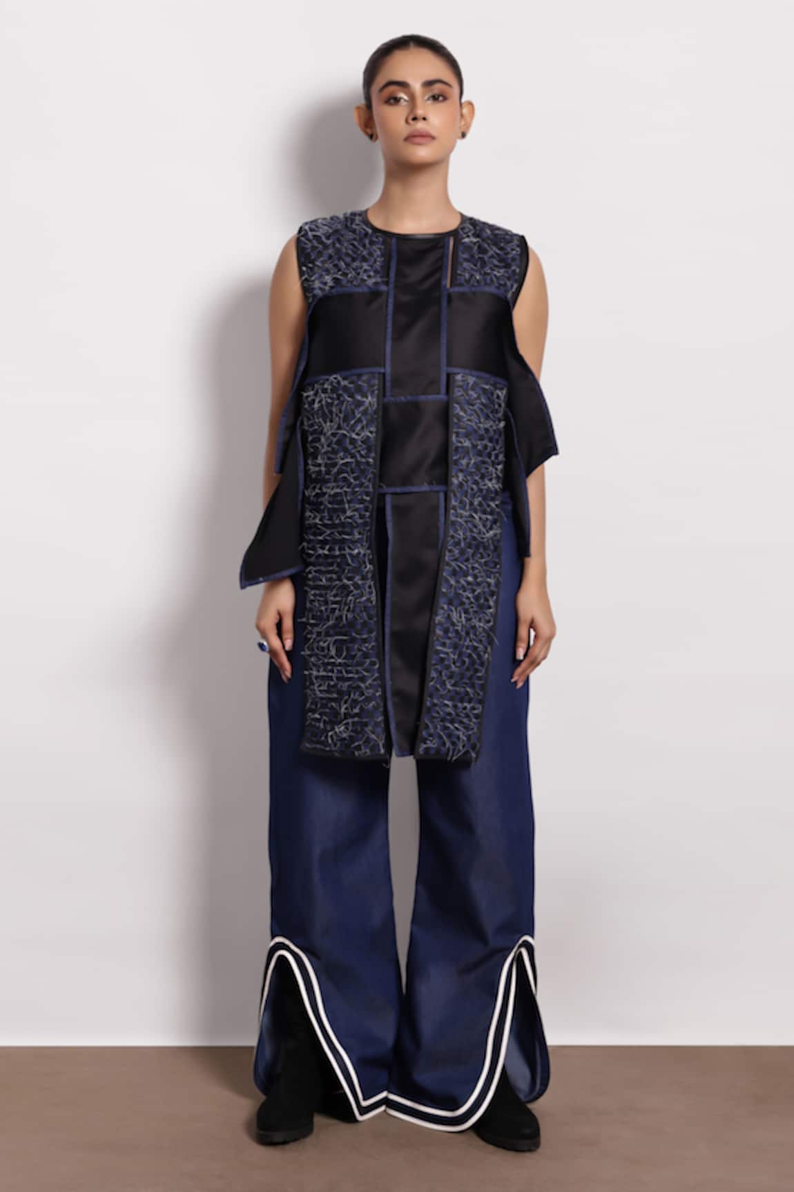 Devina Juneja Patchwork Woven Denim Long Top 