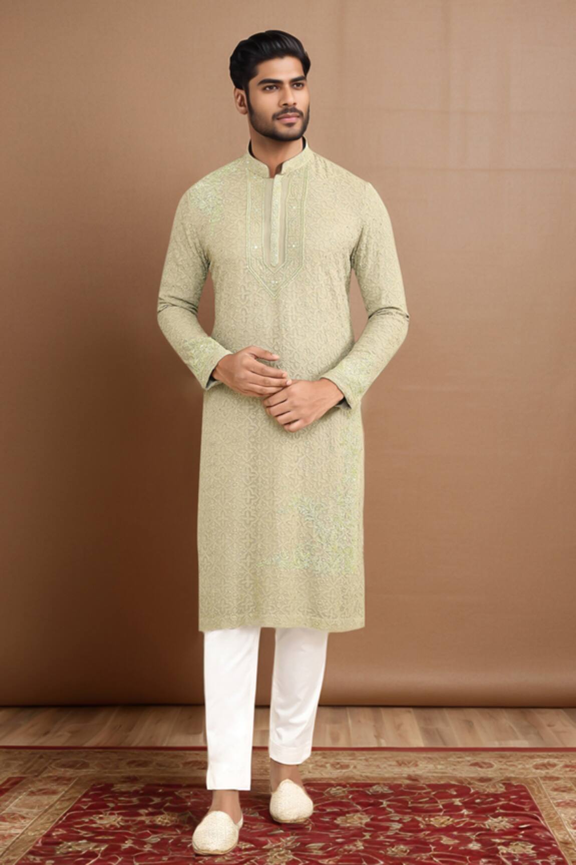 Kalighata Olive Green Lucknowi Embroidered Kurta Set