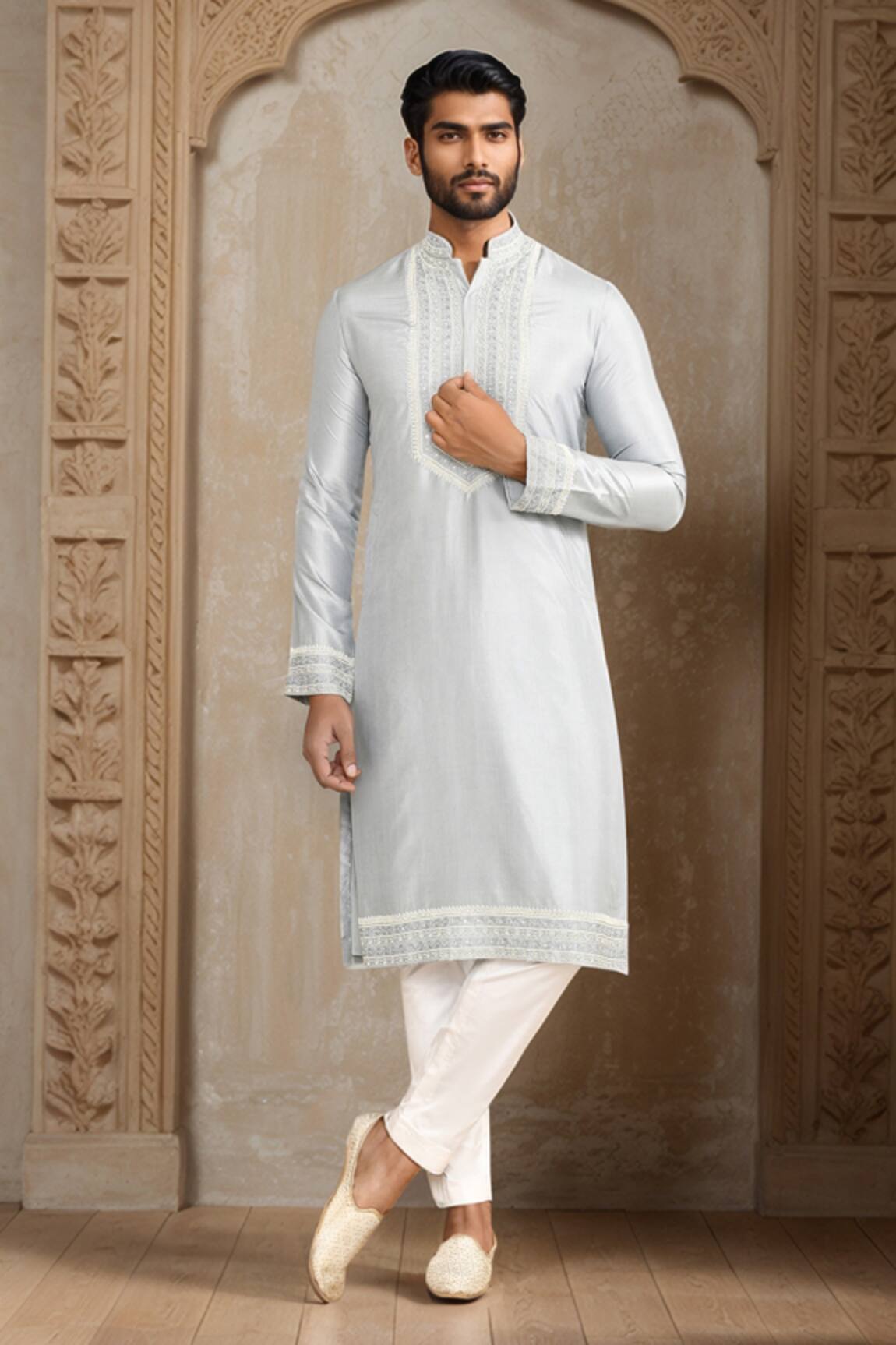 Kalighata Ice Blue Geometric Embroidered Kurta Set