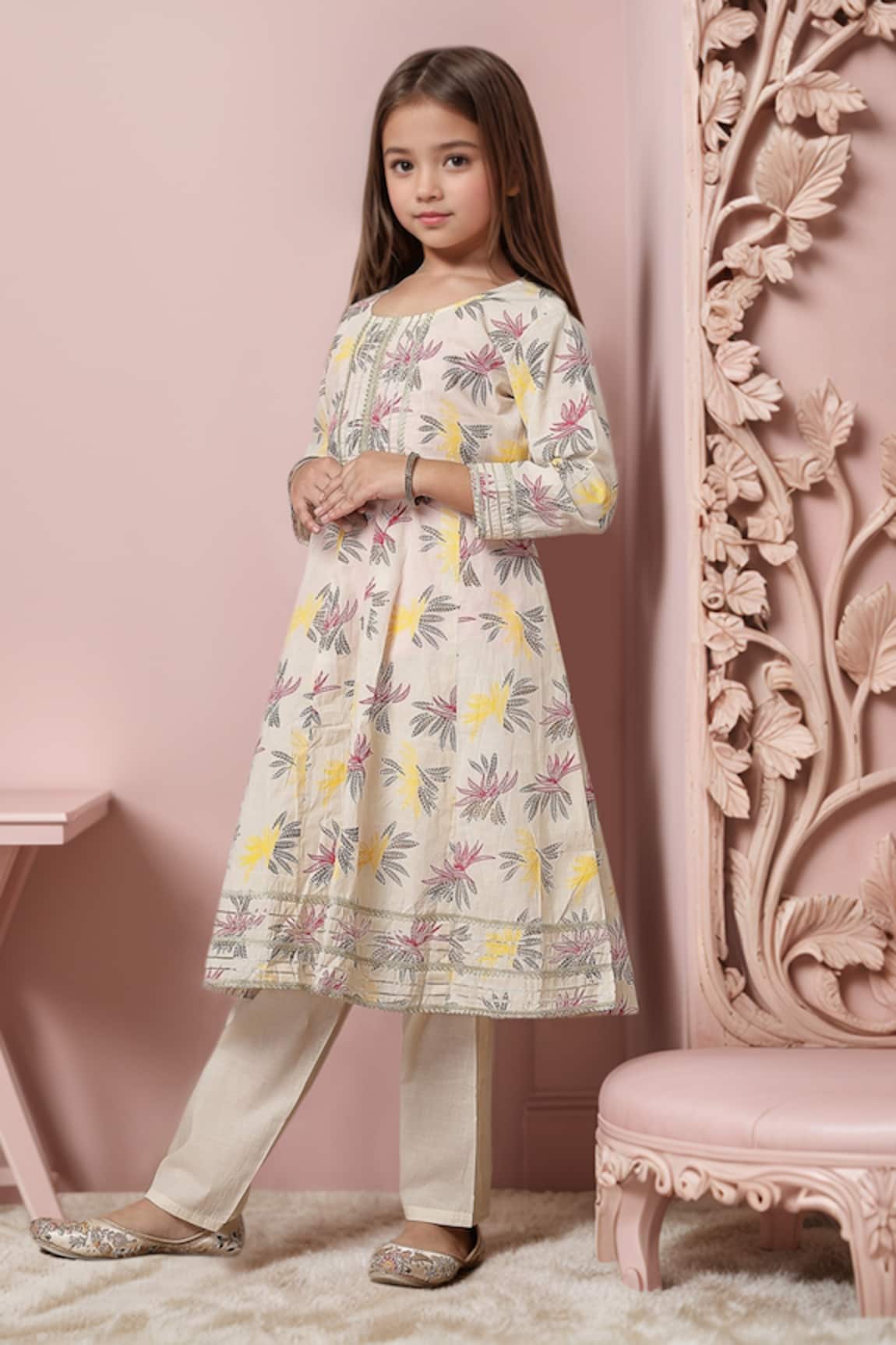 Samyukta Singhania Floral Print Embroidered Yoke Anarkali & Trouser Set 