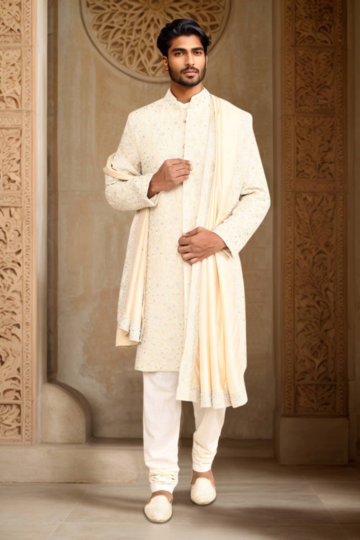 Kalighata Floral Embroidered Ivory Sherwani Set