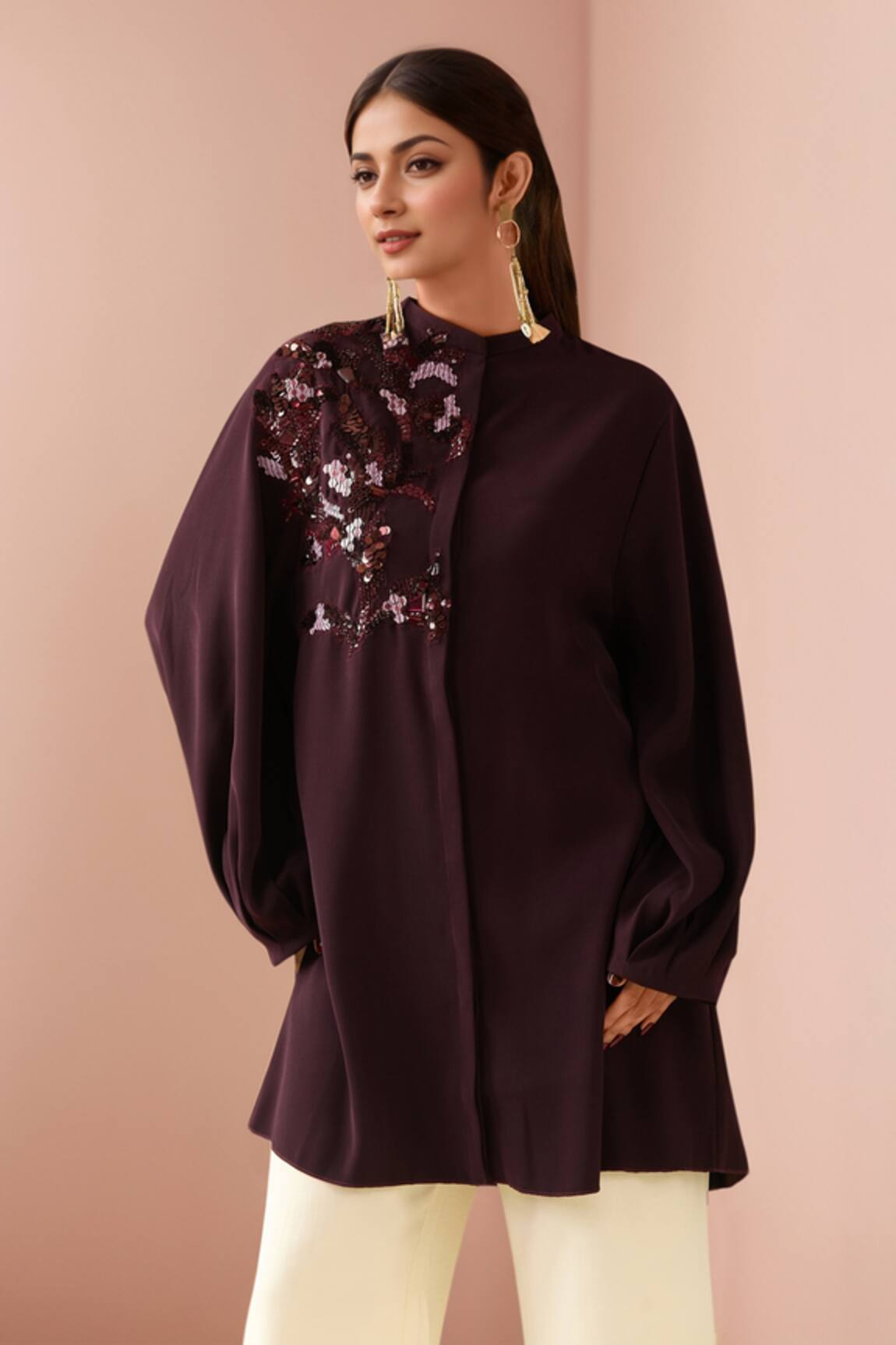 Pankaj & Nidhi Bordeaux Crystal Applique Short Tunic 