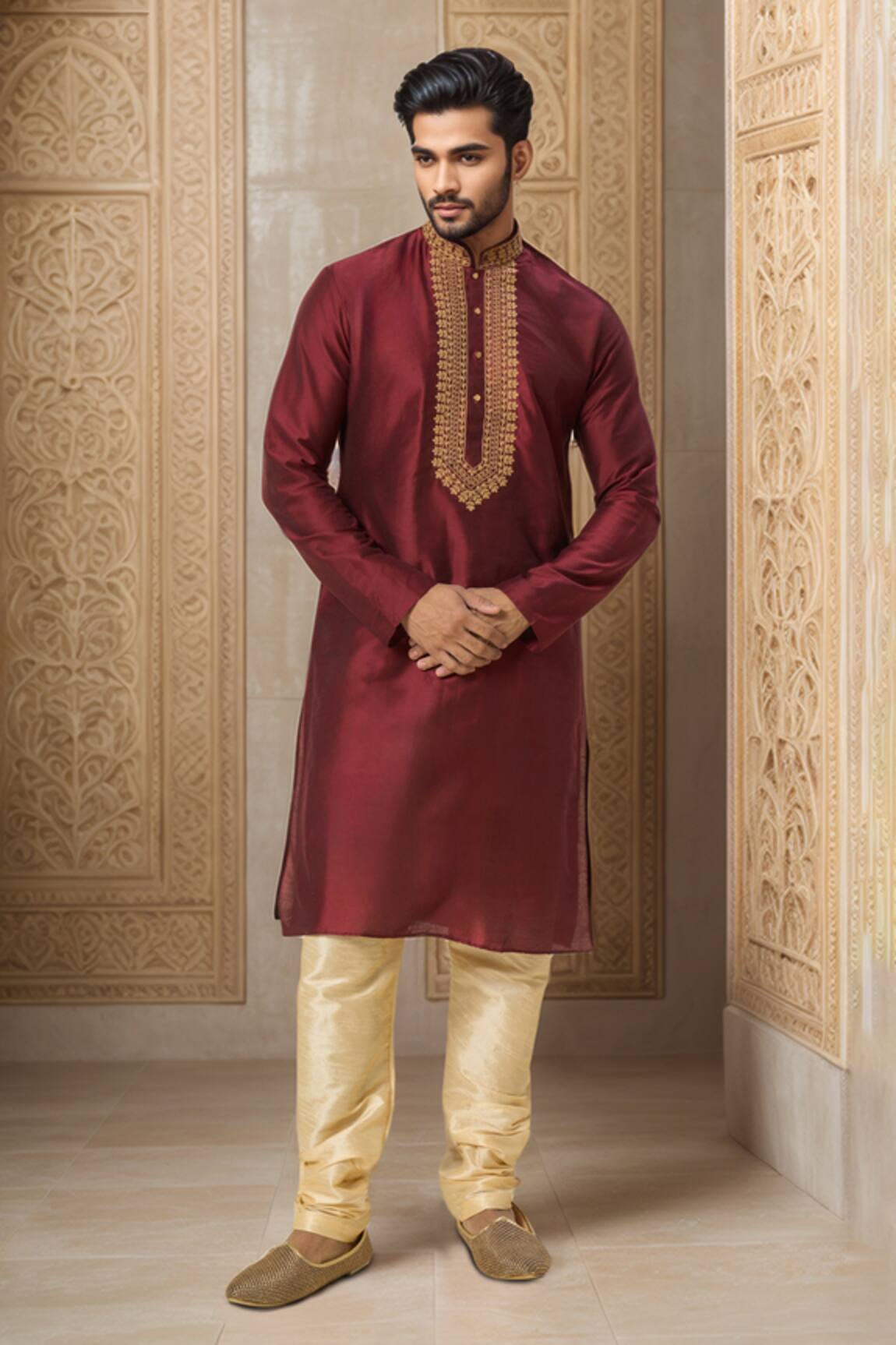 Samyukta Singhania Floral Embroidered Wine Kurta Set 
