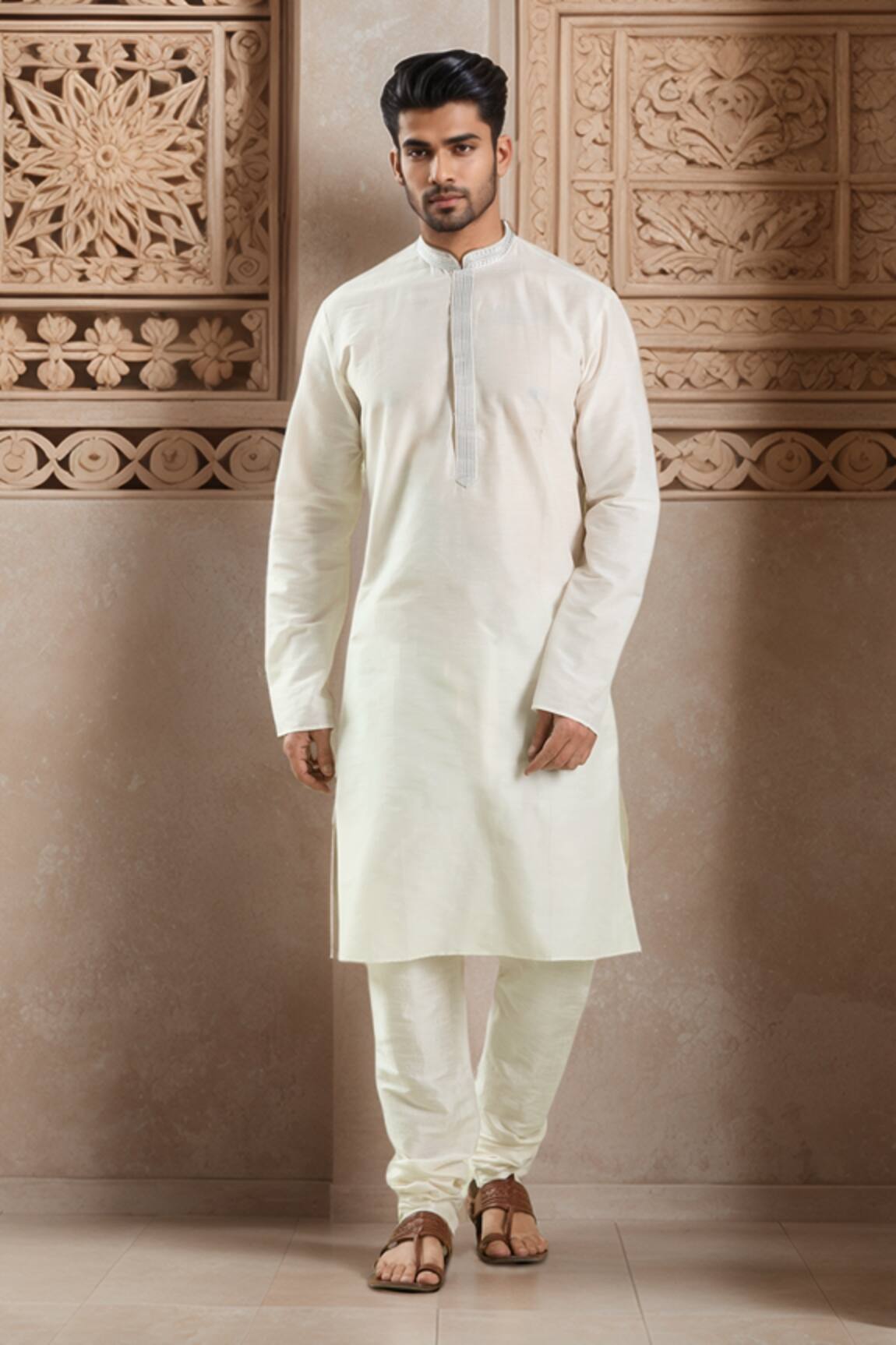 Samyukta Singhania Cream Plain Kurta Set With Churidar 