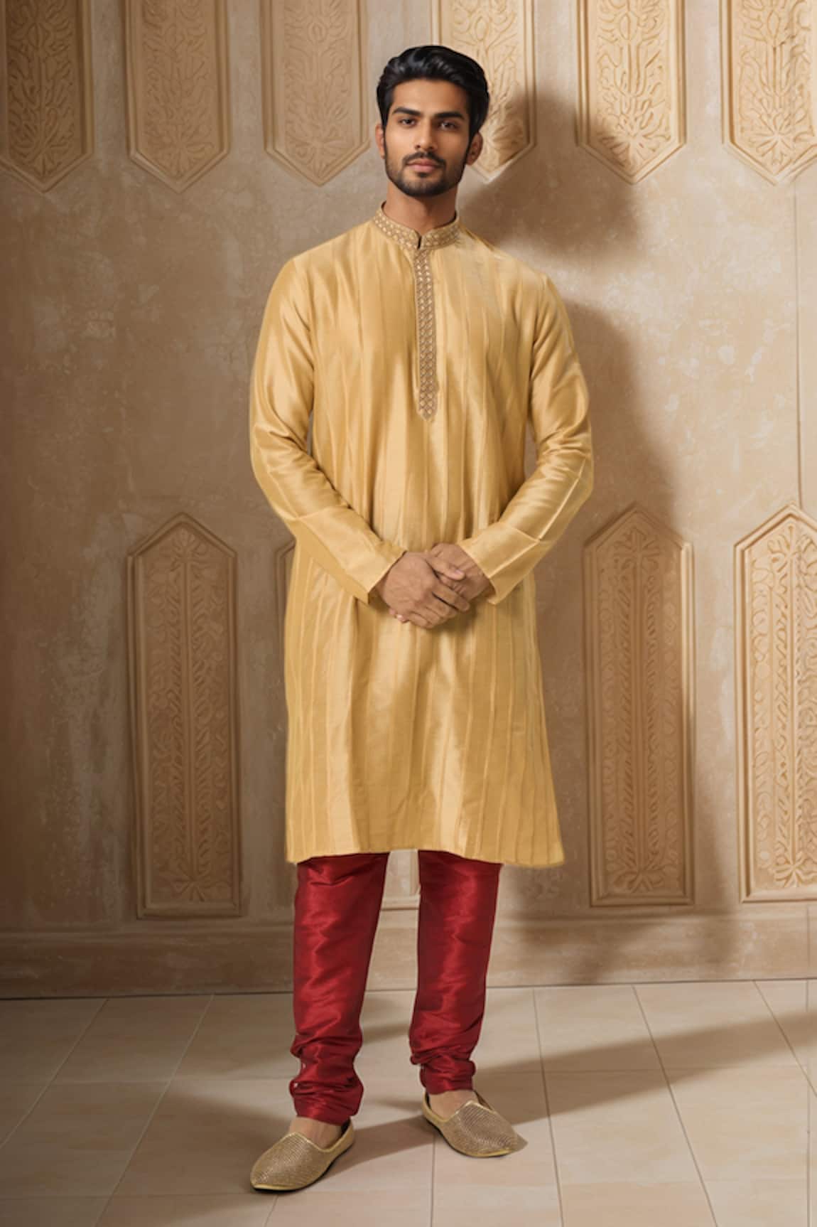 Samyukta Singhania Pintuck Striped Gold Kurta Set 
