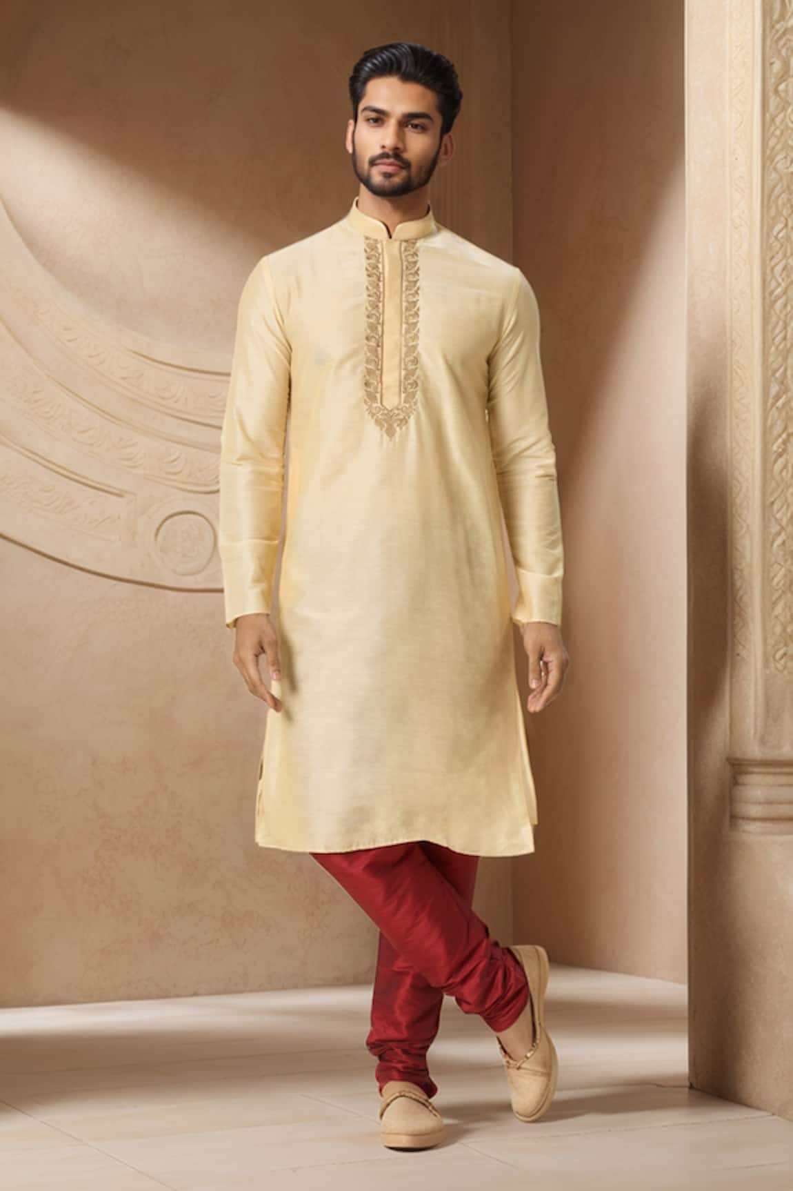 Samyukta Singhania Tonal Embroidered Beige Kurta & Churidar 