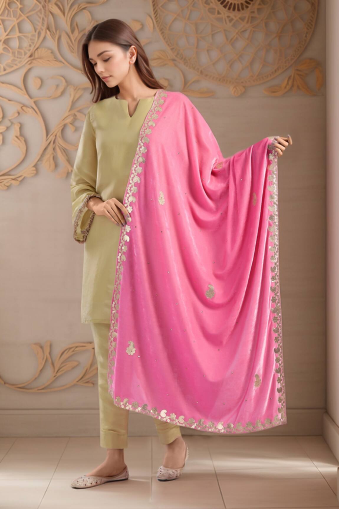 Naintara Bajaj Gota Patti Embroidered Pink Velvet Dupatta
