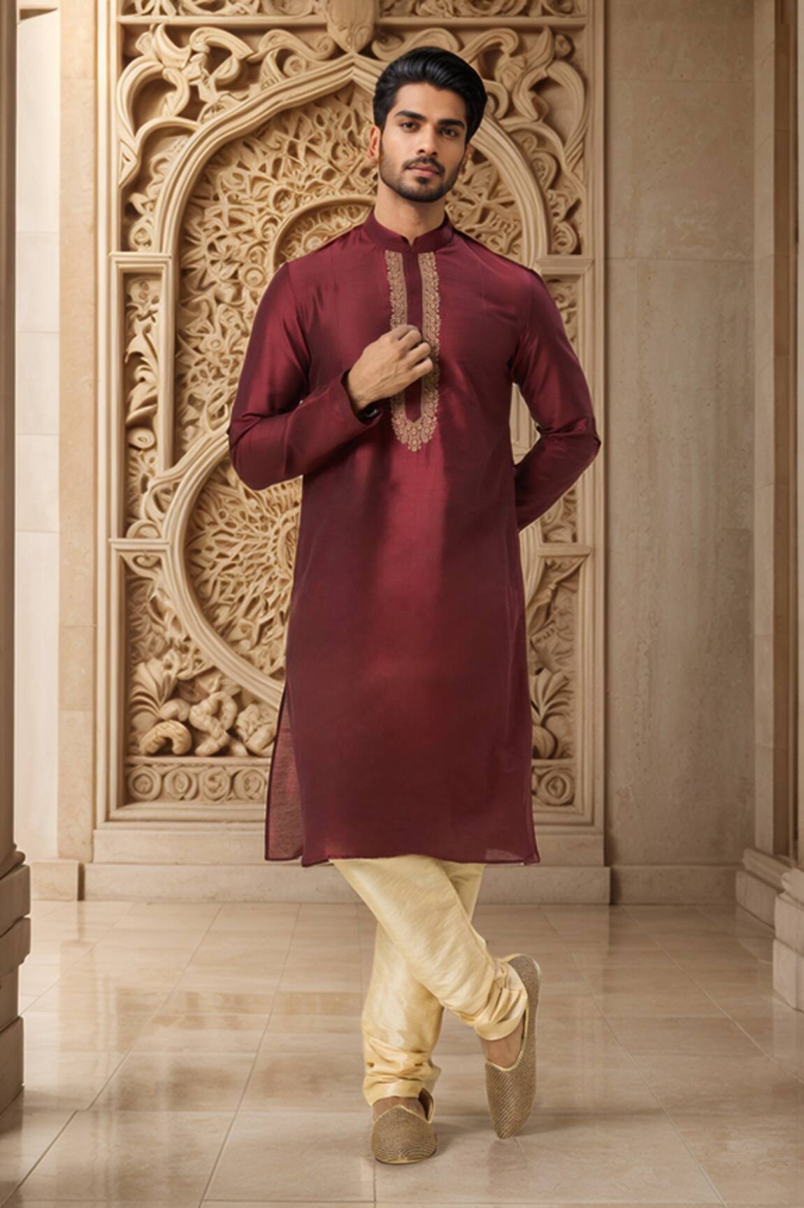 Samyukta Singhania Wine Embroidered Placket Kurta Set 