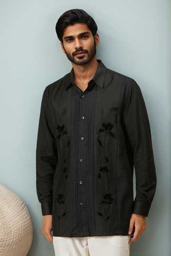 Ewoke Floral Embroidered Black Tencel Shirt 