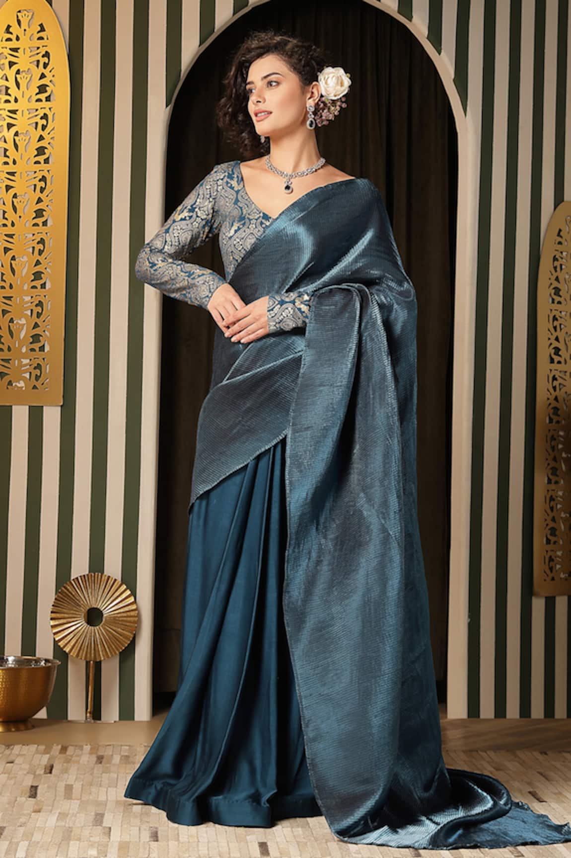 Soniya G Pleated Saree & Floral Blouse Set 