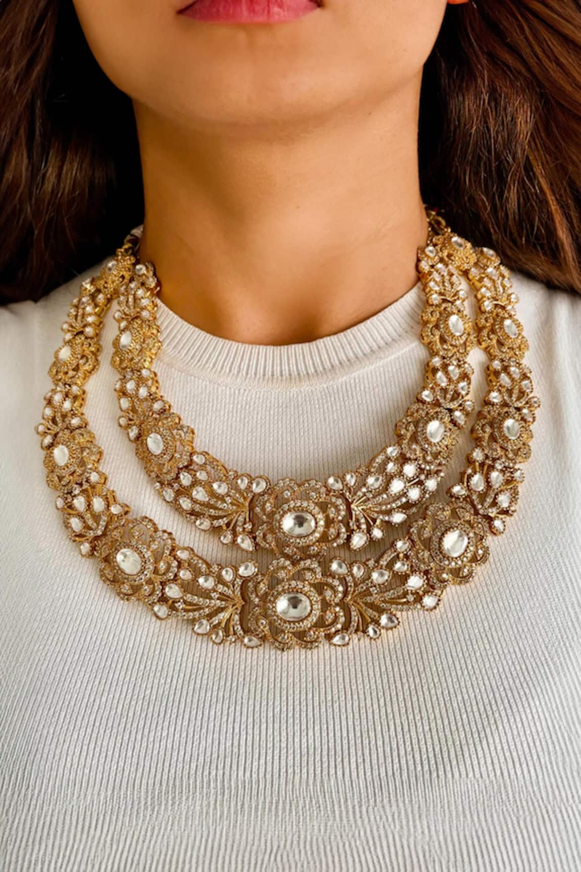 Prerto Floral Polki & Diamond Stone Necklace Set 