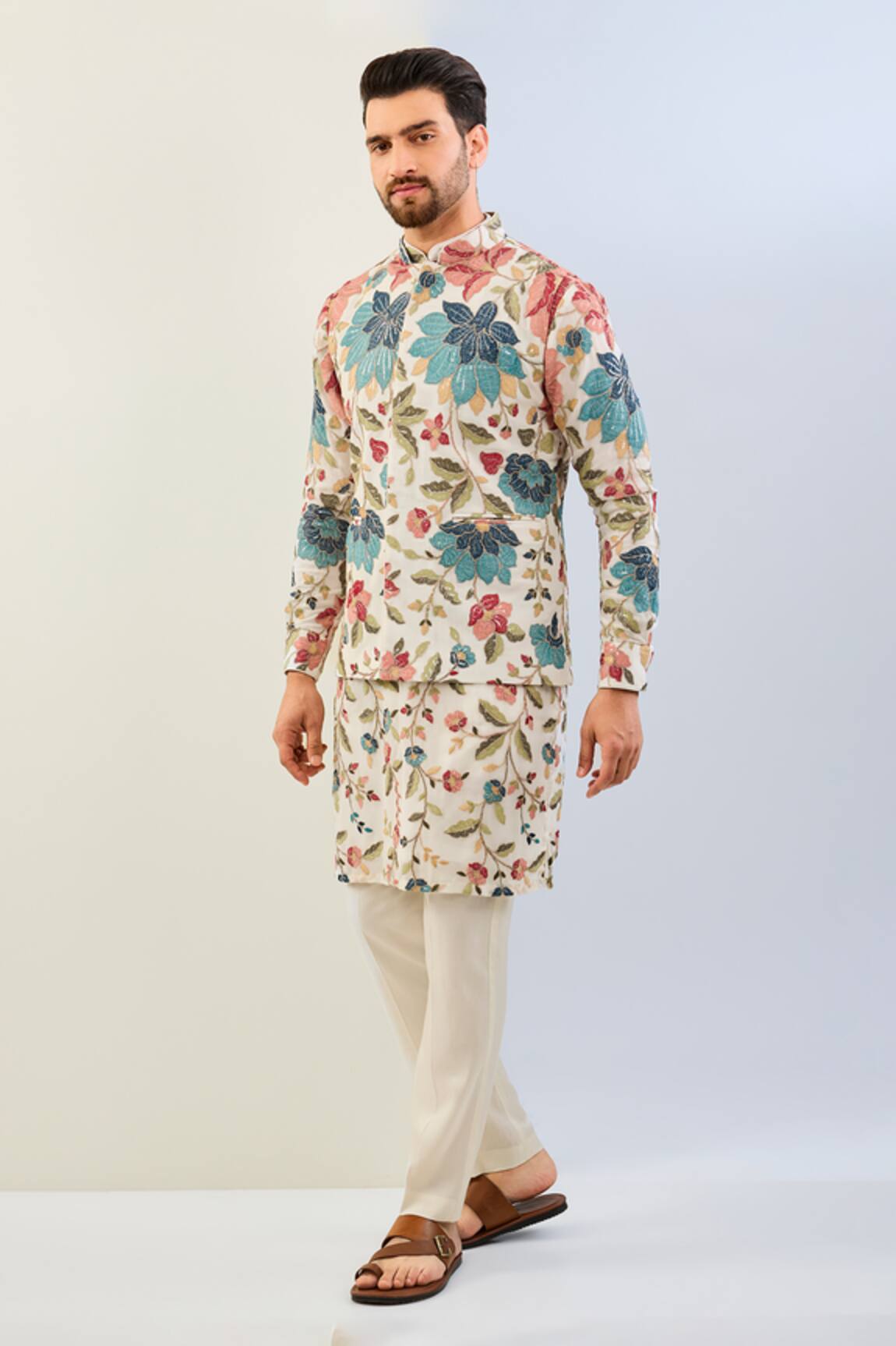 Rabani & Rakha Floral Sequin Embroidered Bundi Kurta Set