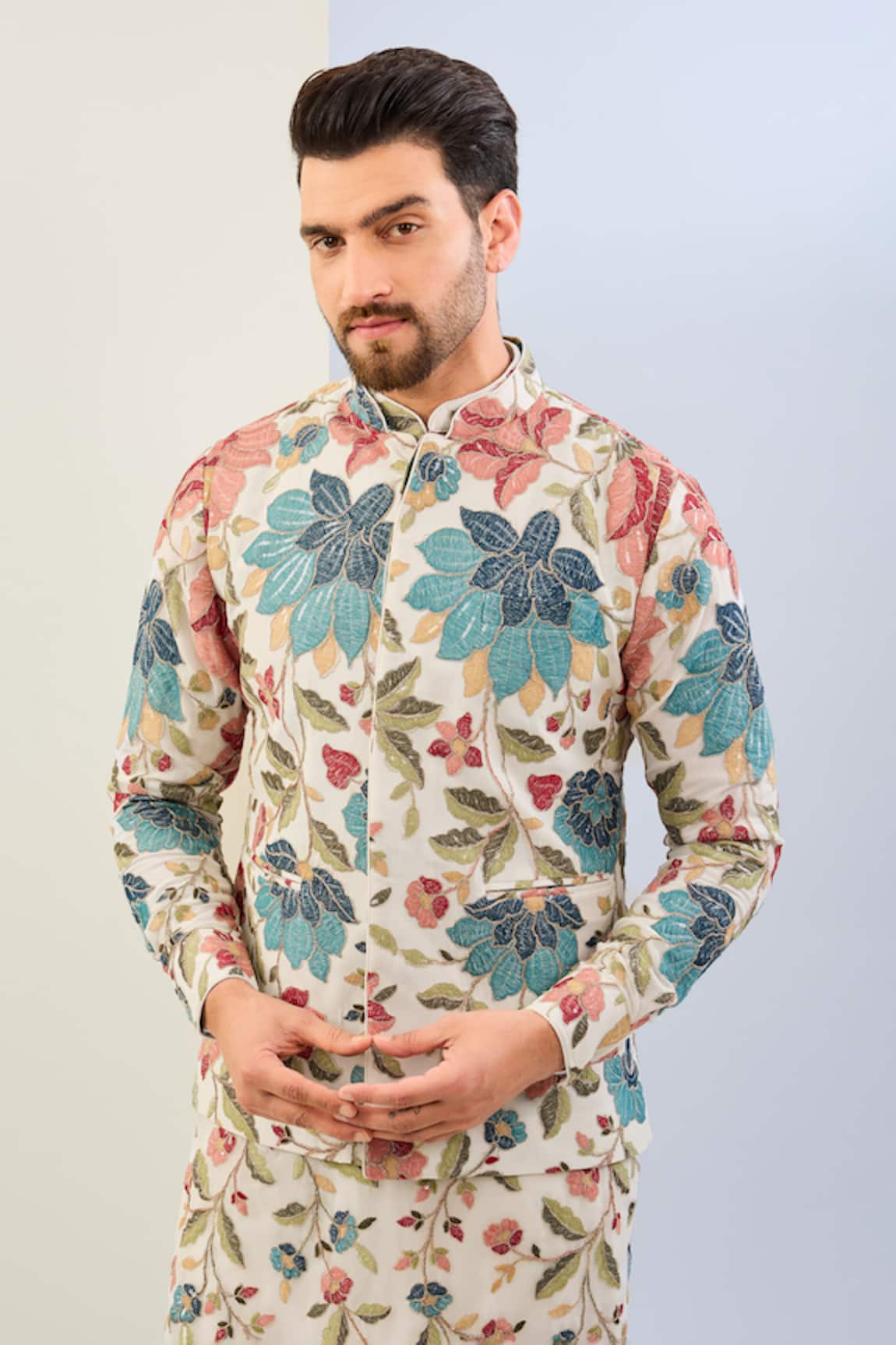 Rabani & Rakha Floral Embroidered Off White Bundi