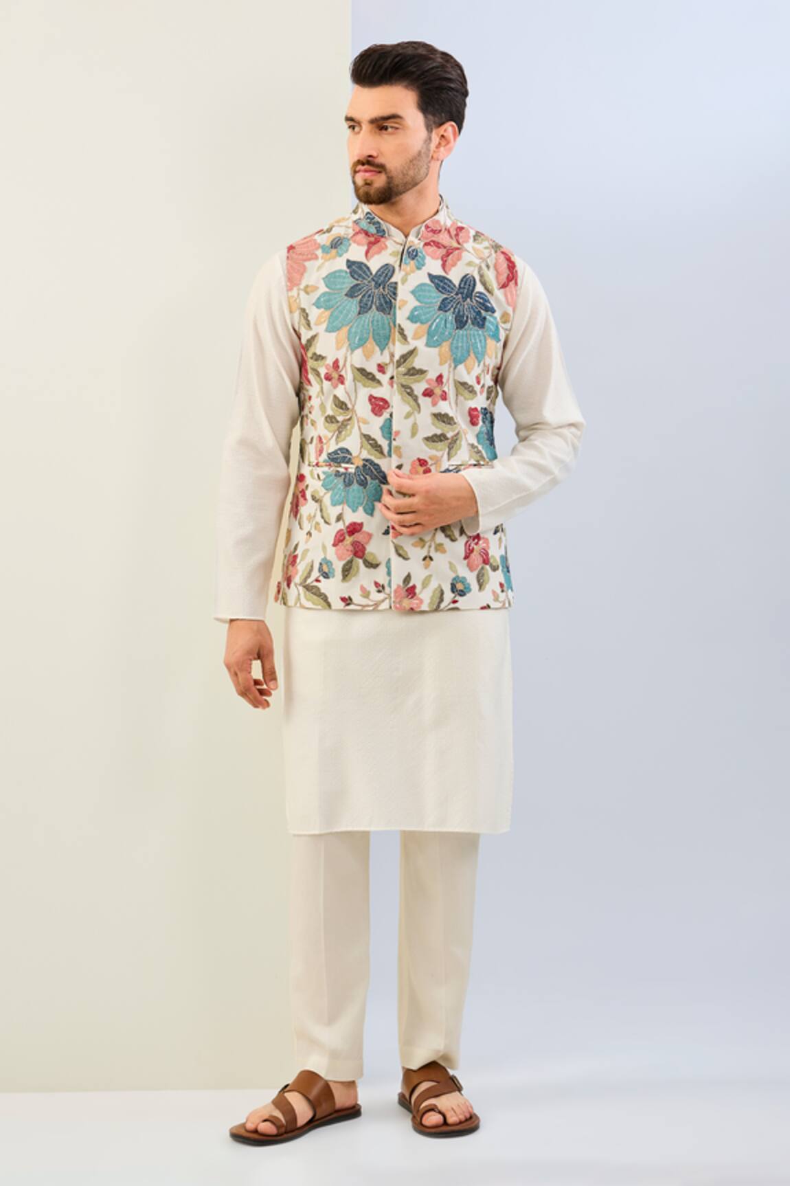 Rabani & Rakha Floral Embroidered Bundi & Kurta Set