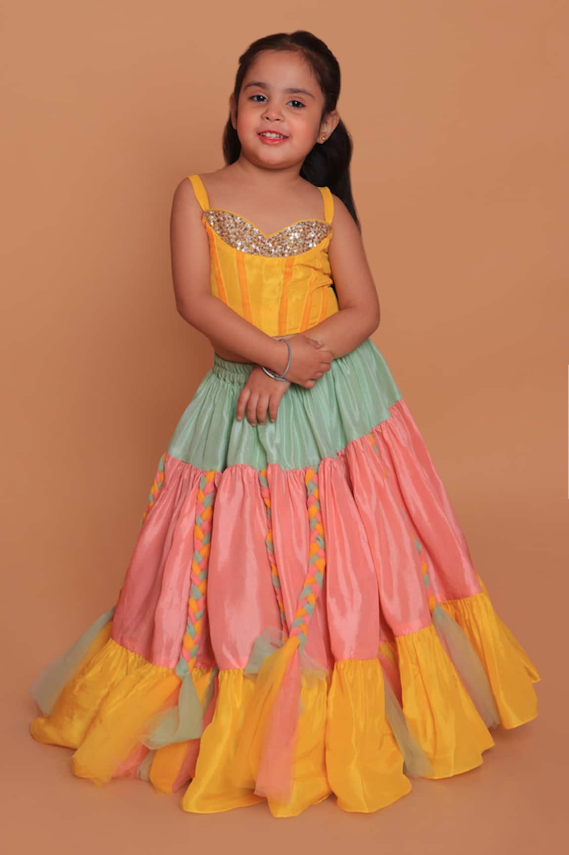 Turqidz By Shweta Aggarwal Tiered Lehenga & Sequin Embroidered Blouse 