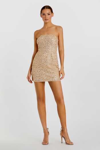 Mac Duggal Beige Sequin Embroidered Tube Dress