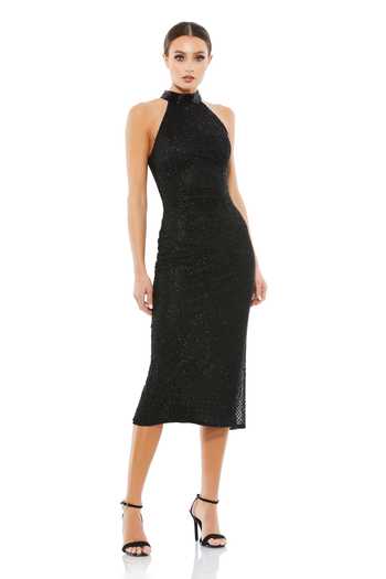 Mac Duggal Black Bead Embroidered Midi Dress 